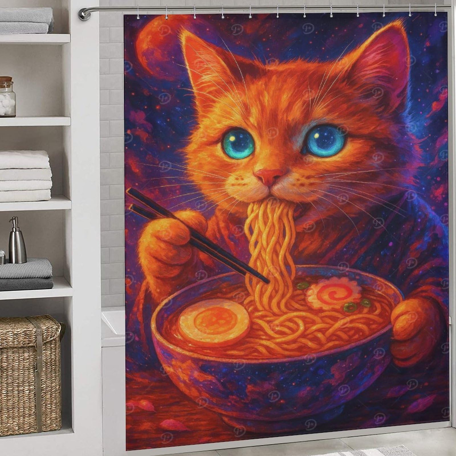 Rideau de douche chat espace en tissu polyester moderne déperlant lavable maison hôtel 177x180