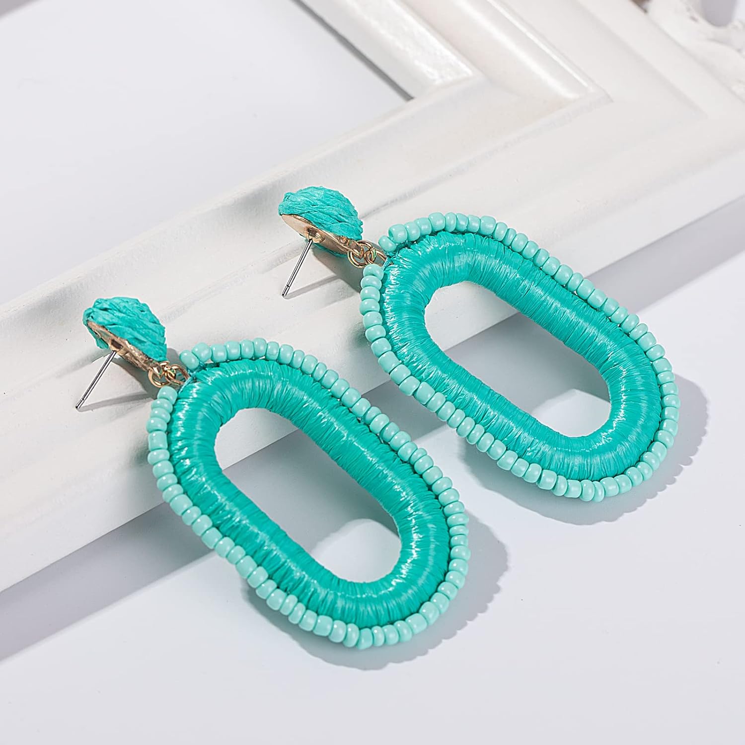 Beaded Raffia Boho Earrings - Cute Seed Bead Square Drop Dangle Earrings for Summer - Image 6