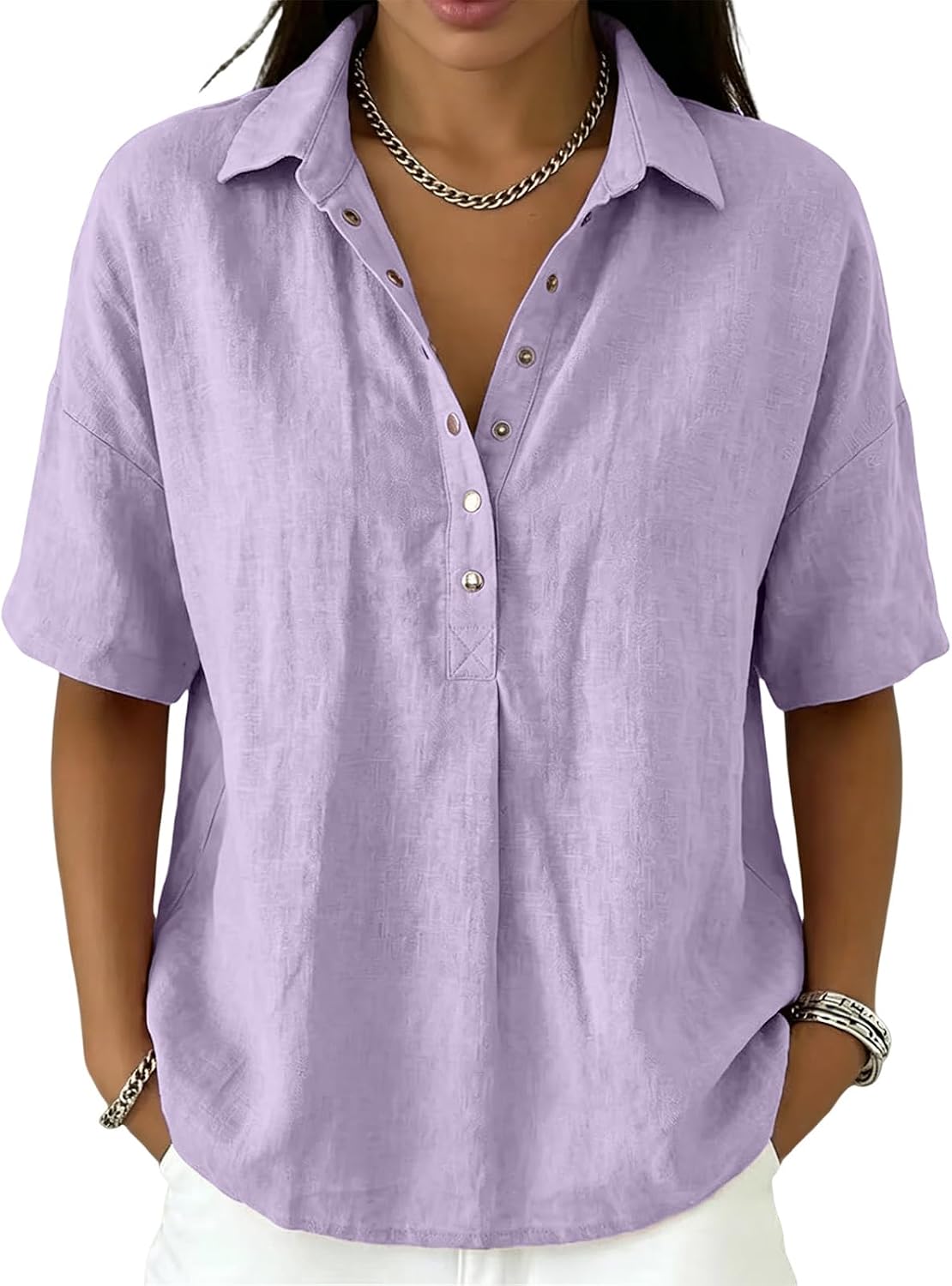 Women Cotton Linen Henley Shirt Short Sleeve Button V Neck Loose Fit Gauze Tops Beach Vaction Shirts