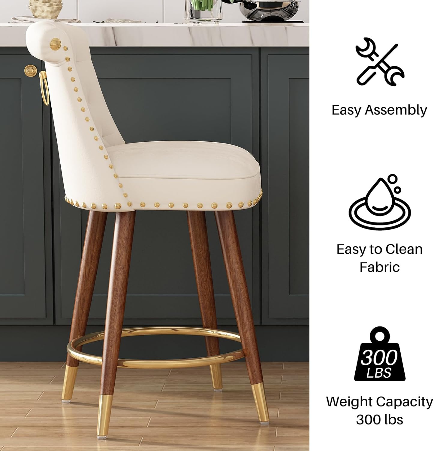 SeekFancy 24" Counter Height Bar Stools Set of 4, Swivel Counter Stools with Back, Upholstered Velvet Stools for Kitchen Counter with Wood Legs, Fabric in Off-White