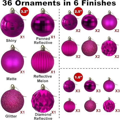 Vista 1278 de 18 esferas medianas decorativas navideñas para árbol de Navidad, inastillables, para colgar, color púrpura, 2.5 pulgadas, paquete de 18