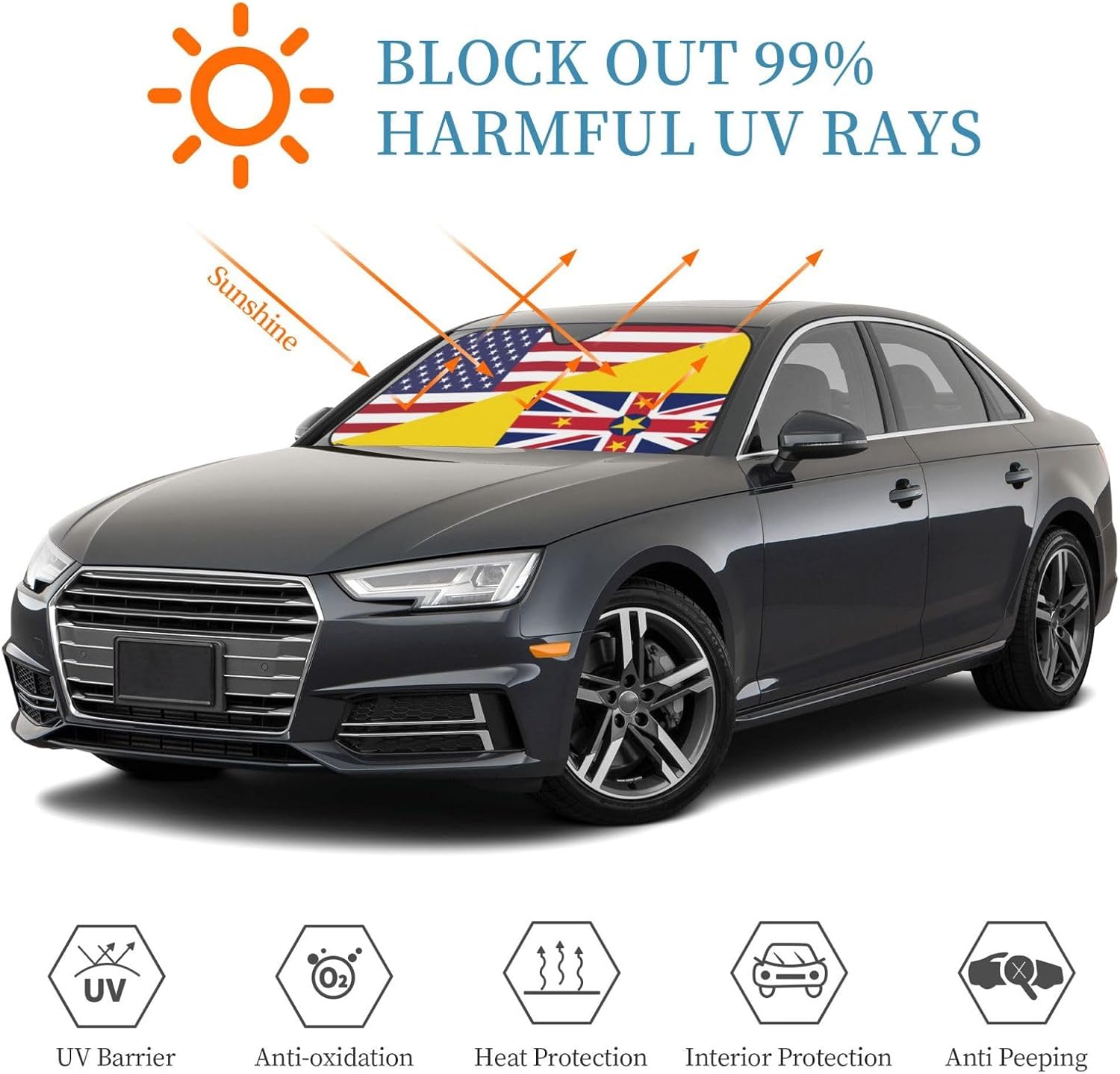 America Niue Friendship Flag Foldable Car Windshield Sunshade Blocks Heat and Sun Glare Uv Rays