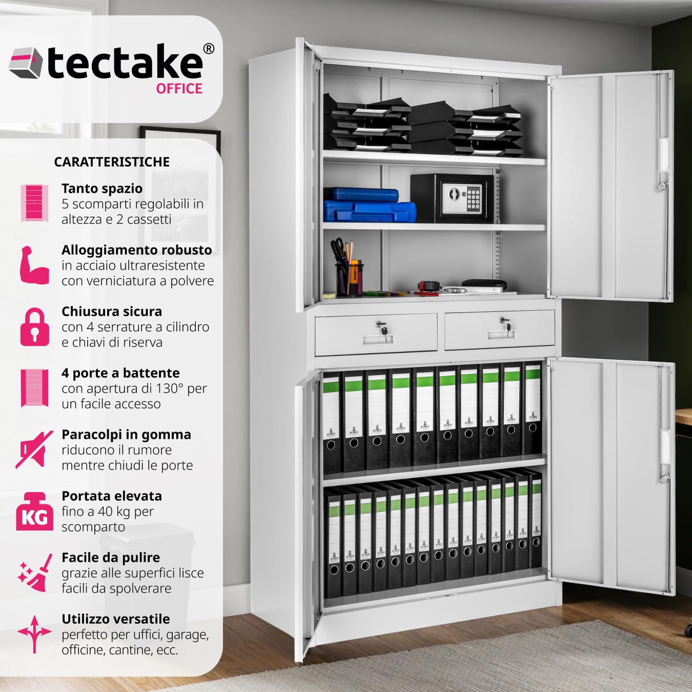 tectake® Armadio Portadocumenti 180x80x40cm, 5 Scomparti e 2 Cassetti, Armadio con Ripiani Regolabili, Ante a Battenti Rinforzate, Chiusura con Serratura a Cilindro - Grigio Chiaro