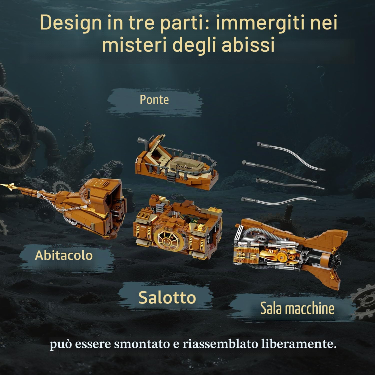 PANTASY Nautilus Steampunk, modellino modulabile in 3 sezioni con elica a ingranaggi, mini barca e scena d'avventura sottomarina, kit modello meccanico retrò da costruire per adulti