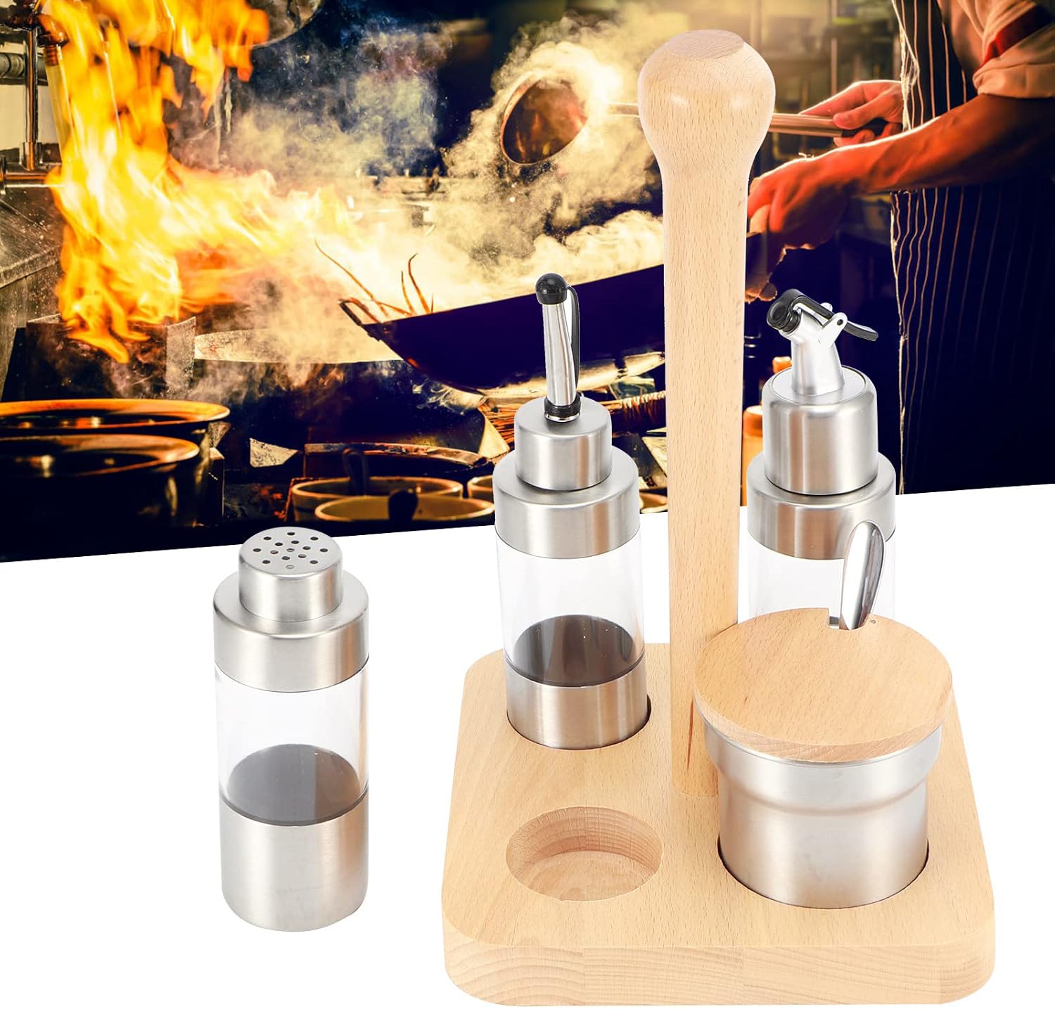Cruet Set, Wood Condiment Spice Pepper Jar Box 5PCS Stainless Steel Plastic Oil Vinegar Salt Pepper Condiment Dispensers Set with Spoon (square wooden frame)