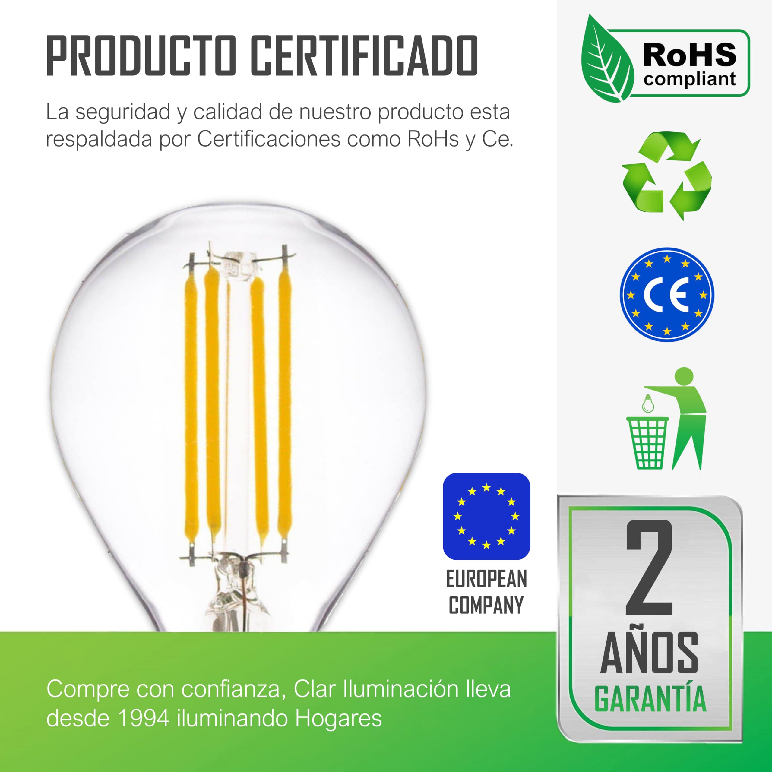 CLAR - Bombilla Led 4W, E14, Pequeña, Vintage, Casquillo Fino, Esférica Luz Cálida 3000ºK (Pack 100)