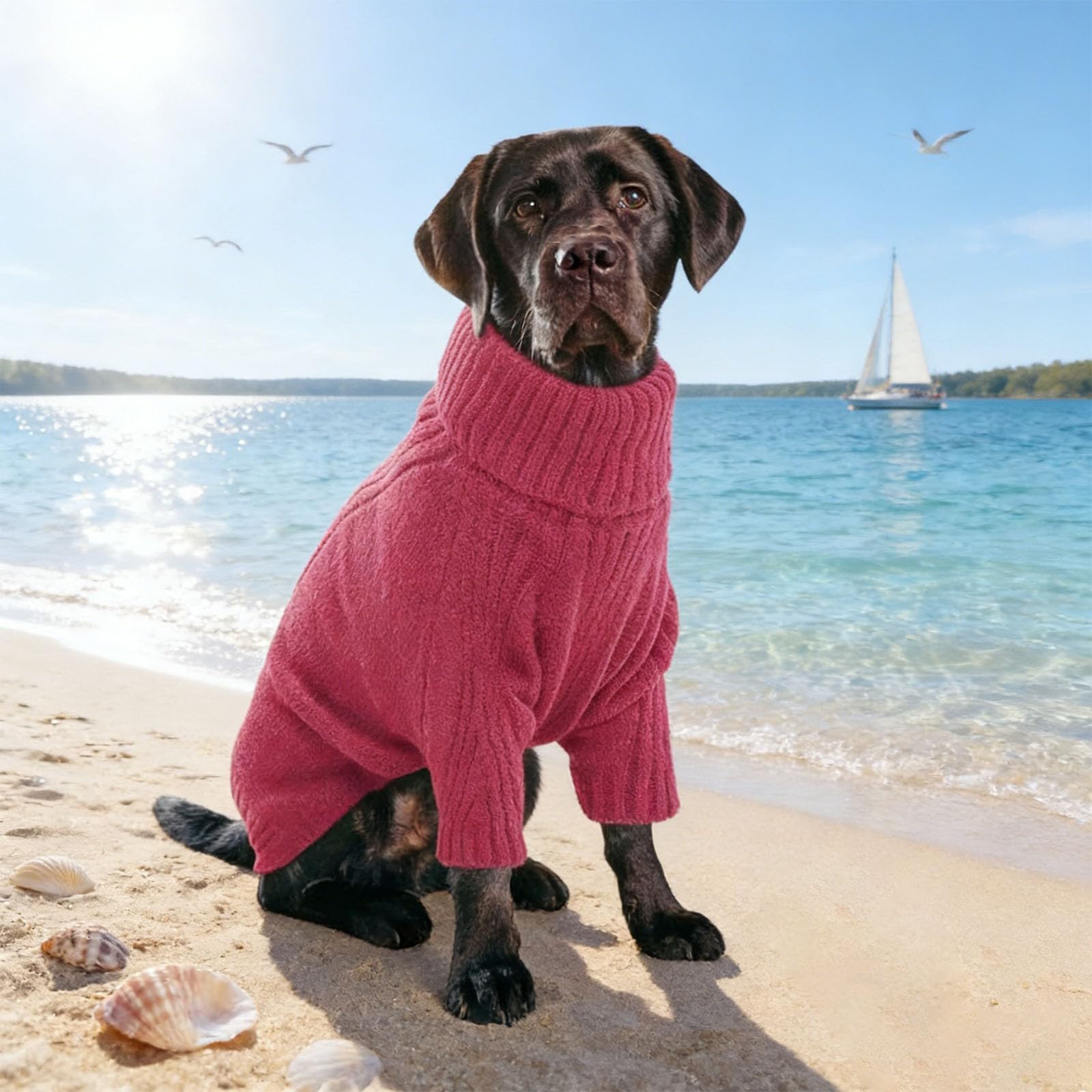 Pull pour chien en tricot thermique - Grand pull à col roulé - Pour chiens extra grands - Élastique - Vêtement pour chien par temps froid (rose vif, XXXXL)