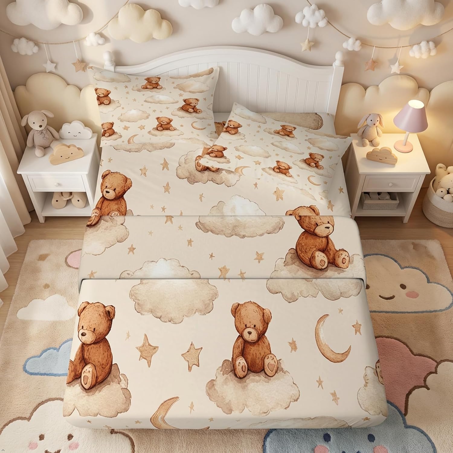 Star Moon Cloud Teddy Bear Sheet Set Queen Size 4 Piece, Kids Cute Cartoon Pattern Printed Bed Sheets with 16 Inch Deep Pocket, Kids Bedroom Decor, Ultra Soft Microfiber Bedding (22-a)