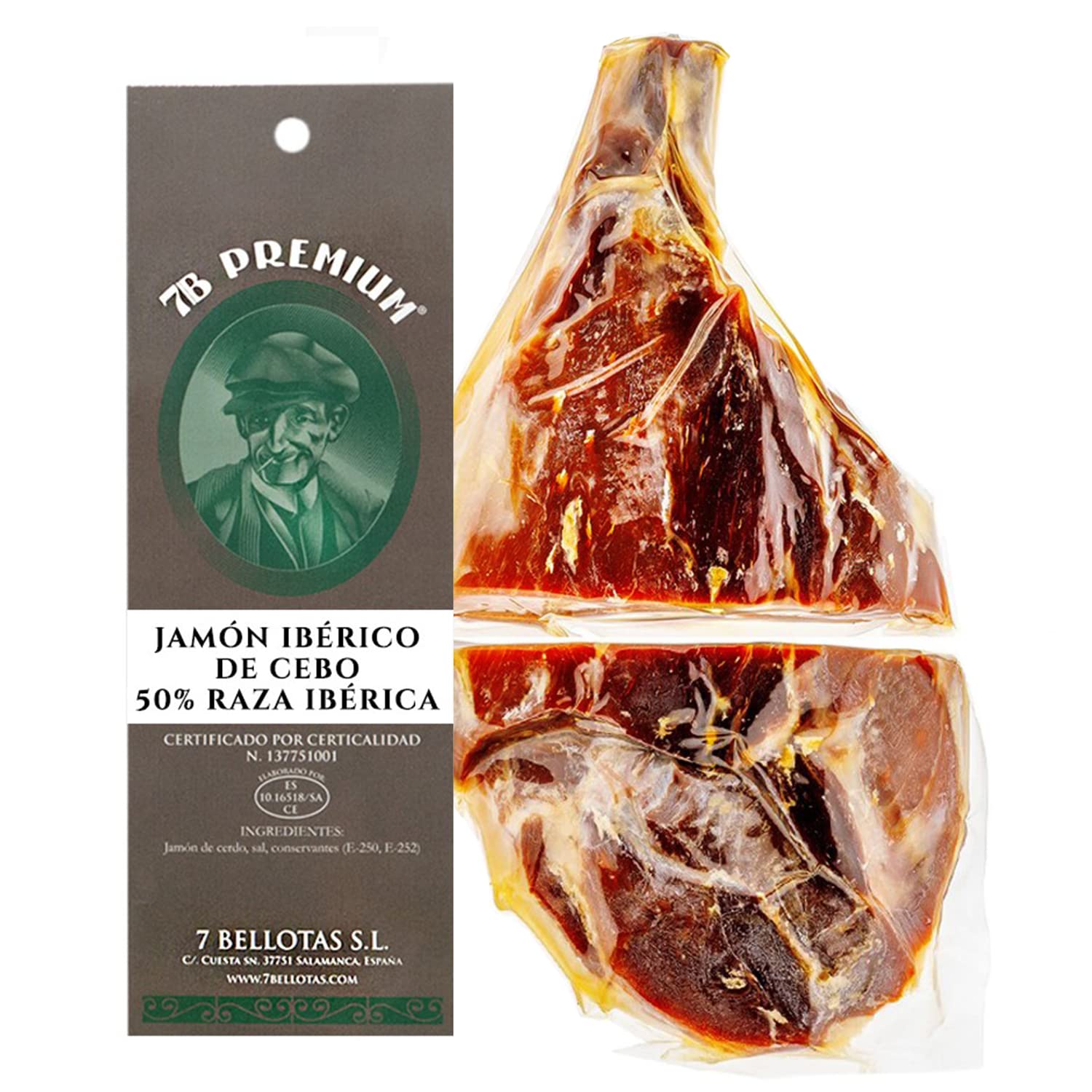 Prosciutto crudo 7B PREMIUM 50% Iberico Pata Negra | Prosciutto Spagnolo JAMON con 36 mesi Realizzato 100% Naturale (Disossato intero + 3,2 Kg.)