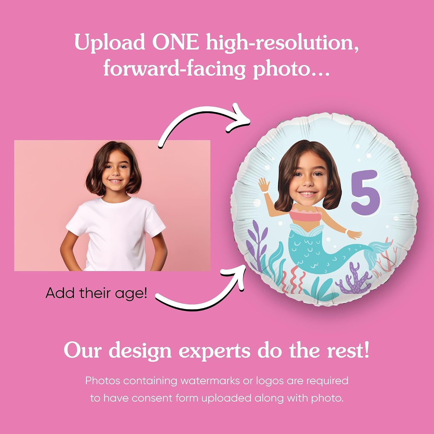 Big Dot of Happiness Personalized Mermaid Fun Face Photo Balloon, Birthday Party Decoration for Girls, Custom Make Your Own Mermaid Double-Sided Circle Mylar, 1 Piece (Skin Tone 2)