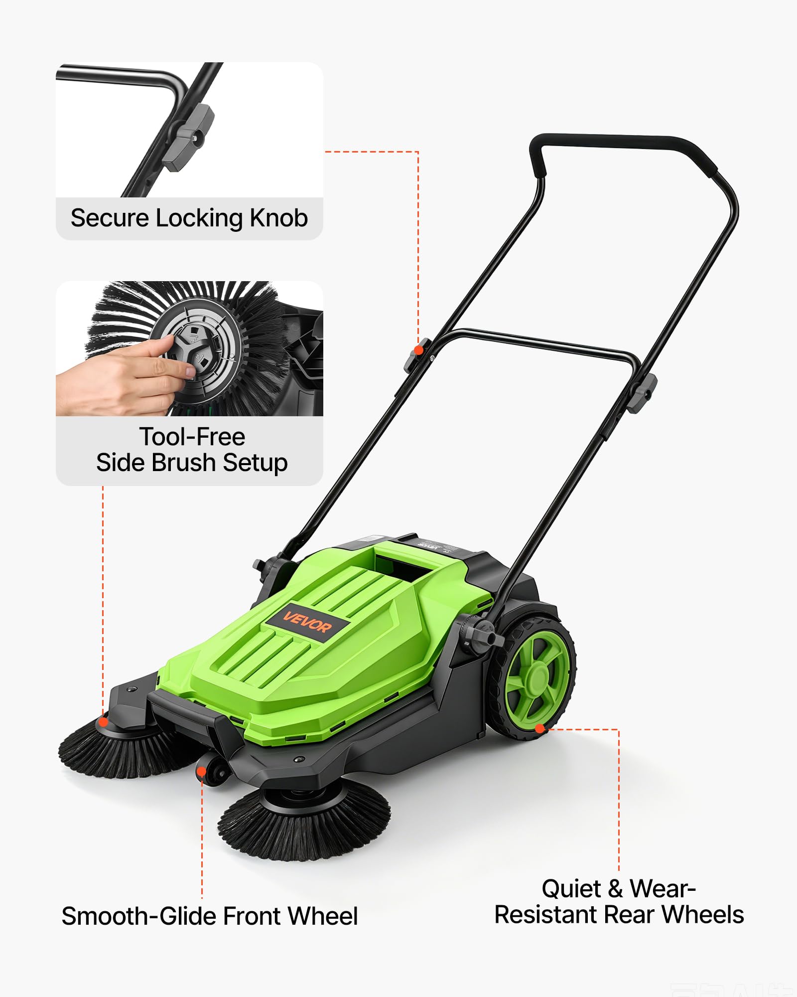 VEVOR Kehrmaschine Manuell, Handkehrmaschine mit 650 mm Arbeitsbreite, 18,9-L-Kehrbehälter & Verstellbarem Klappgriff, Bodenreinigungsmaschine für Höfe, Gehwege, Terrassen & Garagen – Grün