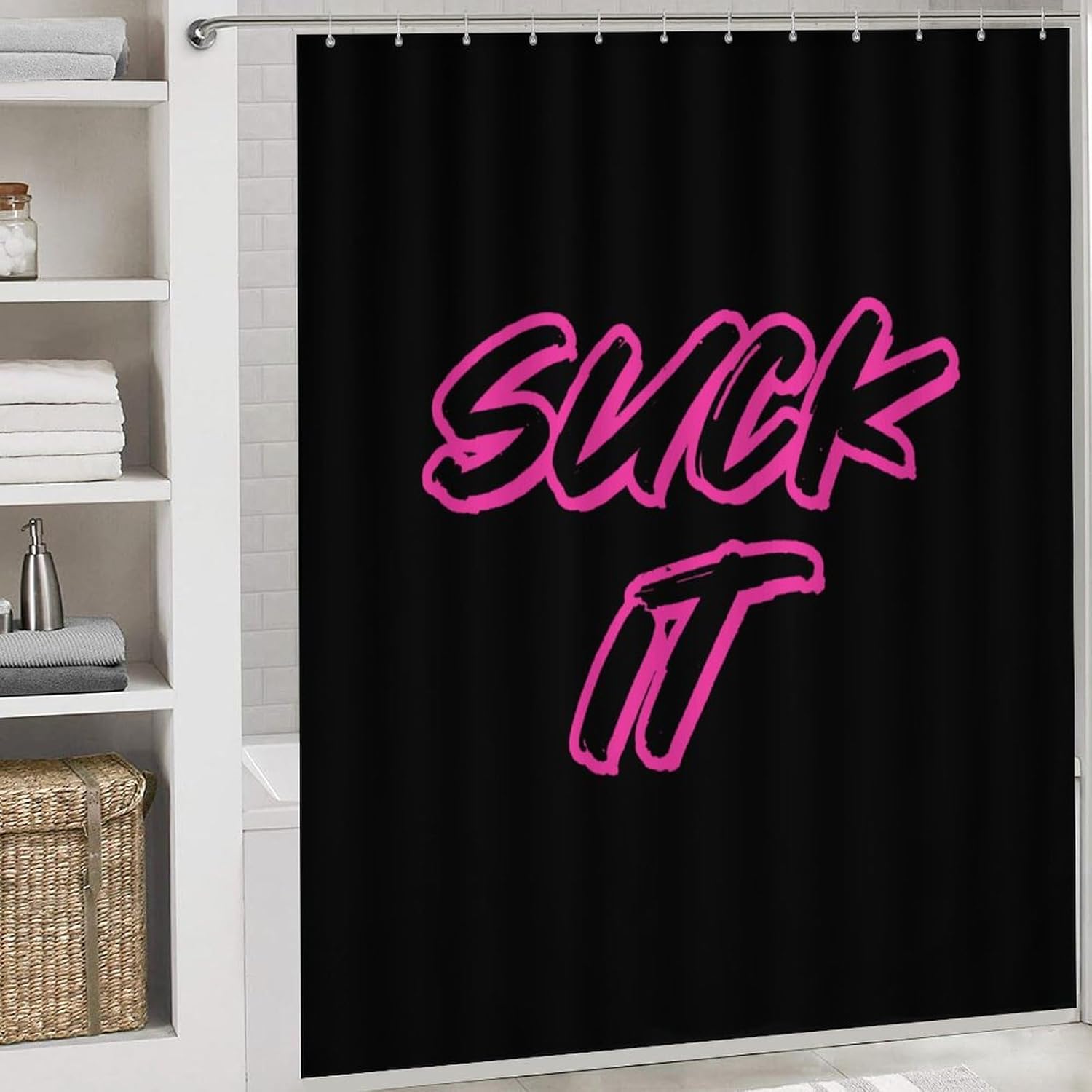 Suck It Modern Bathroom Sets with Shower Curtain and Rugs Decor 4 Pcs with 12 Hooks