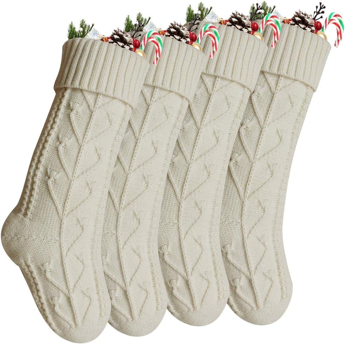 Vanteriam Knit Knitted Christmas Stockings, 4 Pack Personalized Christmas Stockings 18 Inches Large Cable Knit Stockings for Xmas Decorations, Ivory White Set of 4