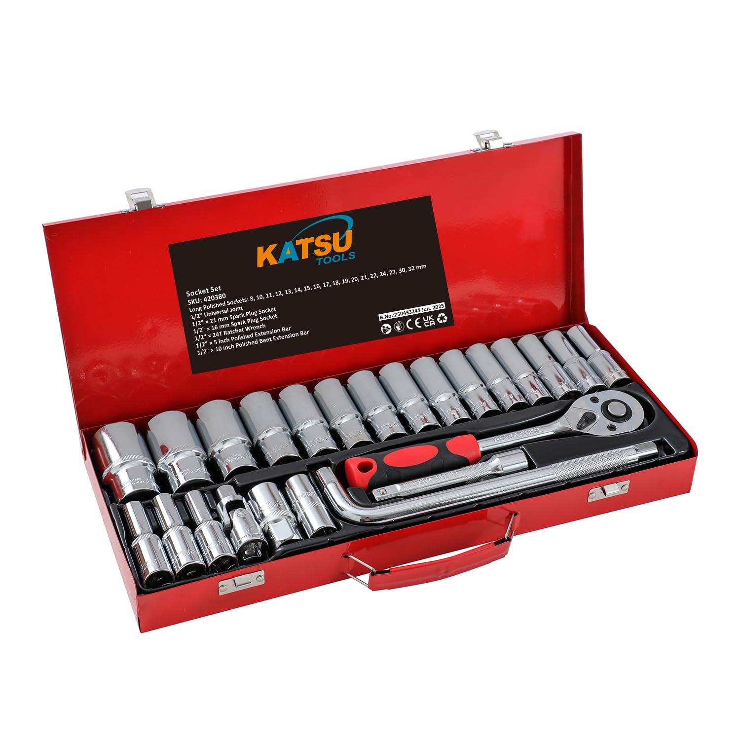 KATSU Tools Juego de Vasos Profundos de 1/2" 24 Piezas - CR-V, Métrico 8-32mm, Llave de Carraca de 24 Dientes, Herramienta de Mecánica para Bricolaje y Reparación de Coches