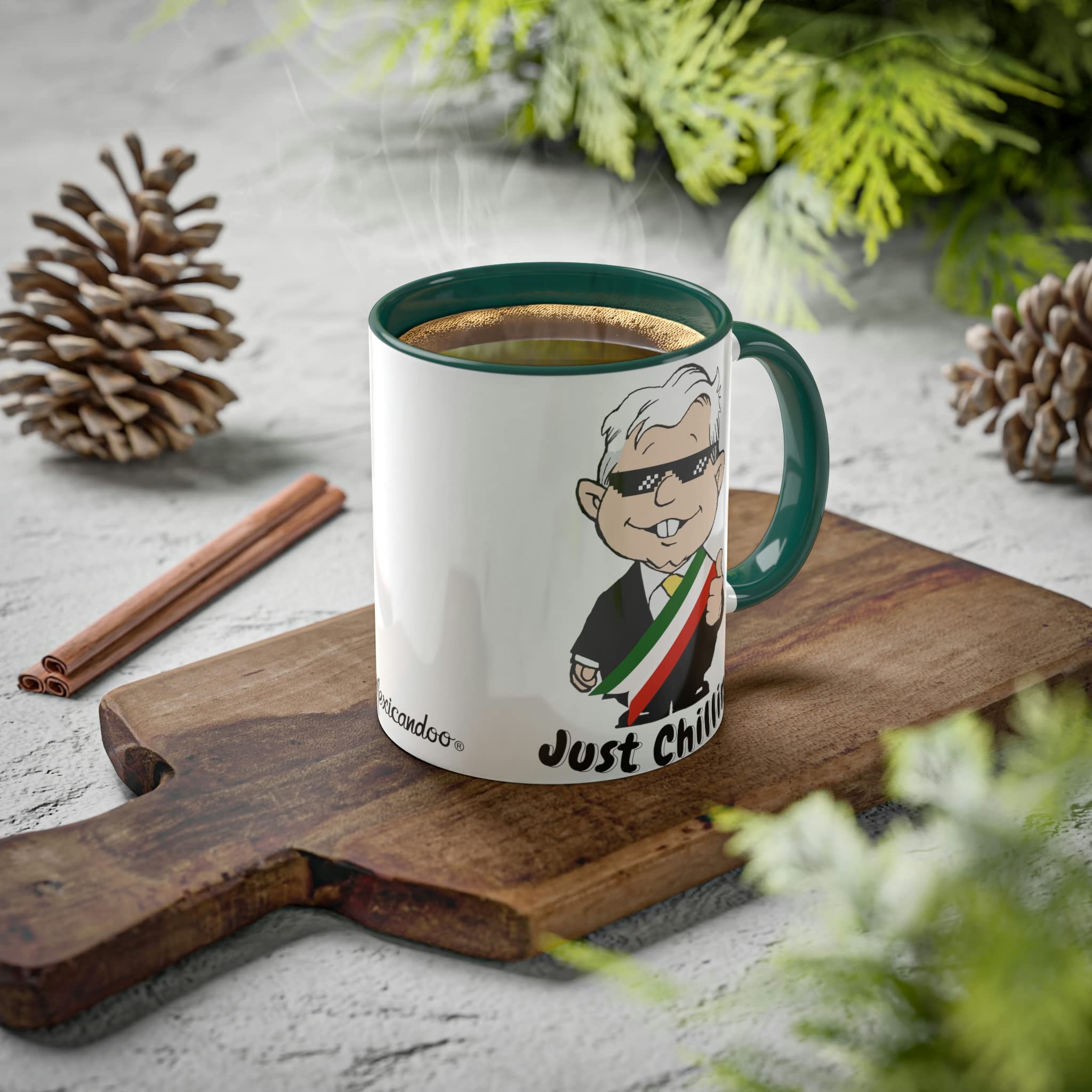 Funny AMLO Cartoon Mug – Just Chillin Muñeco AMLITO Ceramic Coffee Cup, White With Colorful Rim & Handle (Red) - View #4