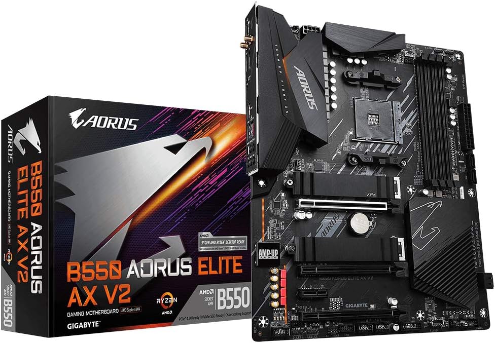 Gigabyte B550 AORUS Elite AX V2 Motherboard - AMD Ryzen 5000 CPUs, 12+2 Phase VRM, up to 4733MHz DDR4, 1xPCIe 4.0 + 1xPCIe 3.0 M.2, Wi-Fi 6E, 2.5GbE LAN, USB 3.2 Gen 2