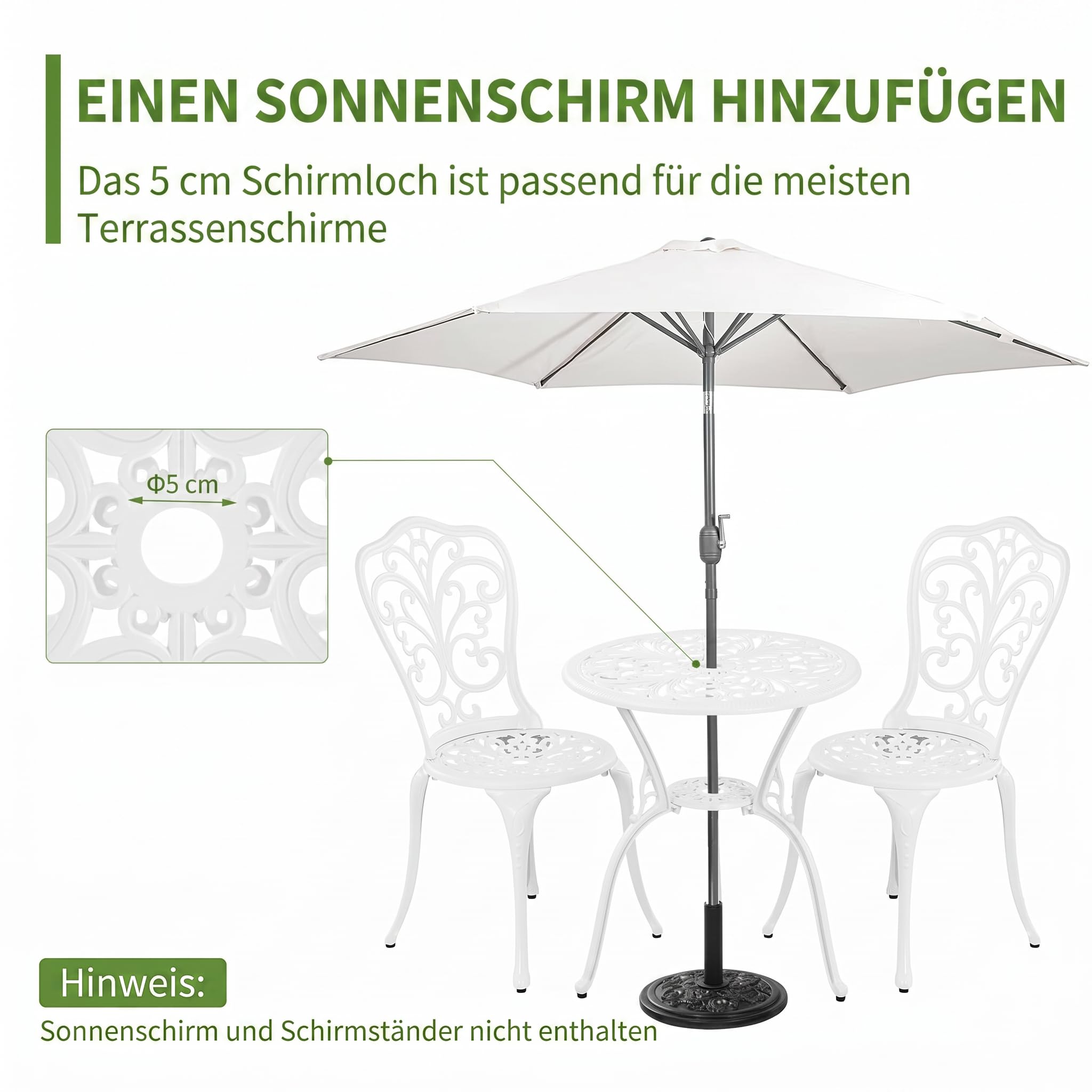 Outdoor Bistro Set 3-teiliges Gartenbistro-Set, Gusseisen-Bistrotisch mit 2 Stühlen, Kleiner Terrassentisch für Balkon, Schwarz (Weiß)