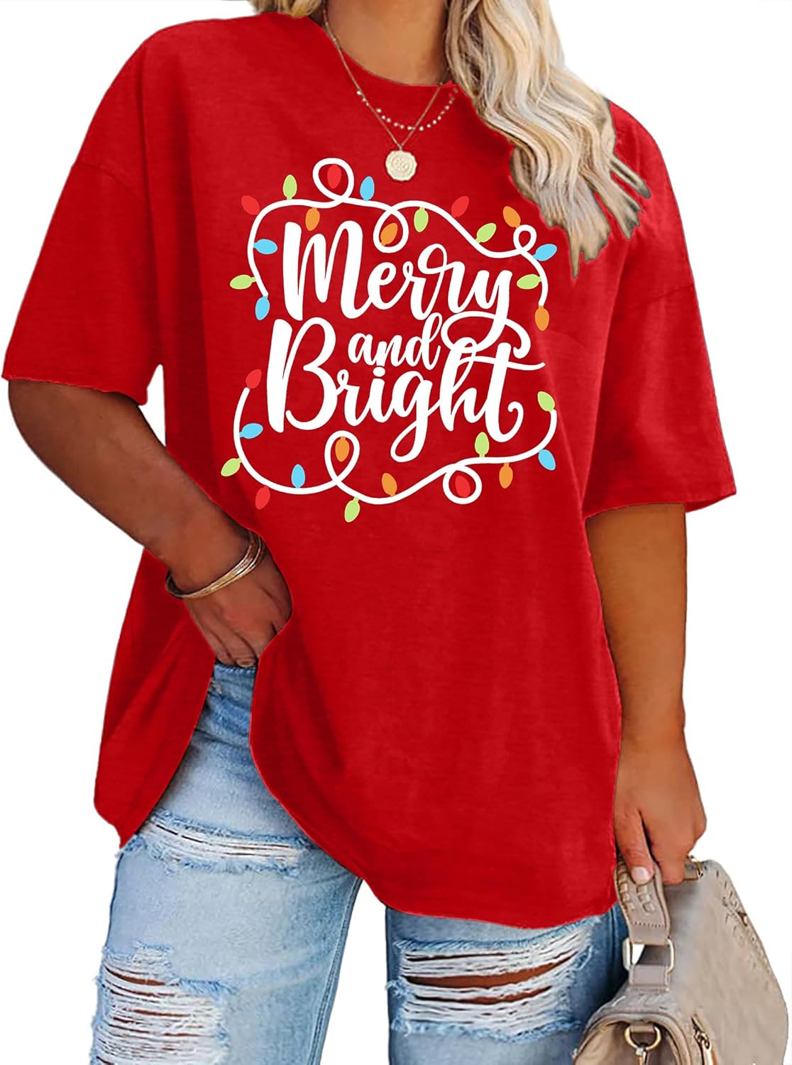 Christmas Plus Size Shirt Women Merry and Bright Tops Holiday Shirt Women Oversized Xmas Tee Fall Tops - Image 2