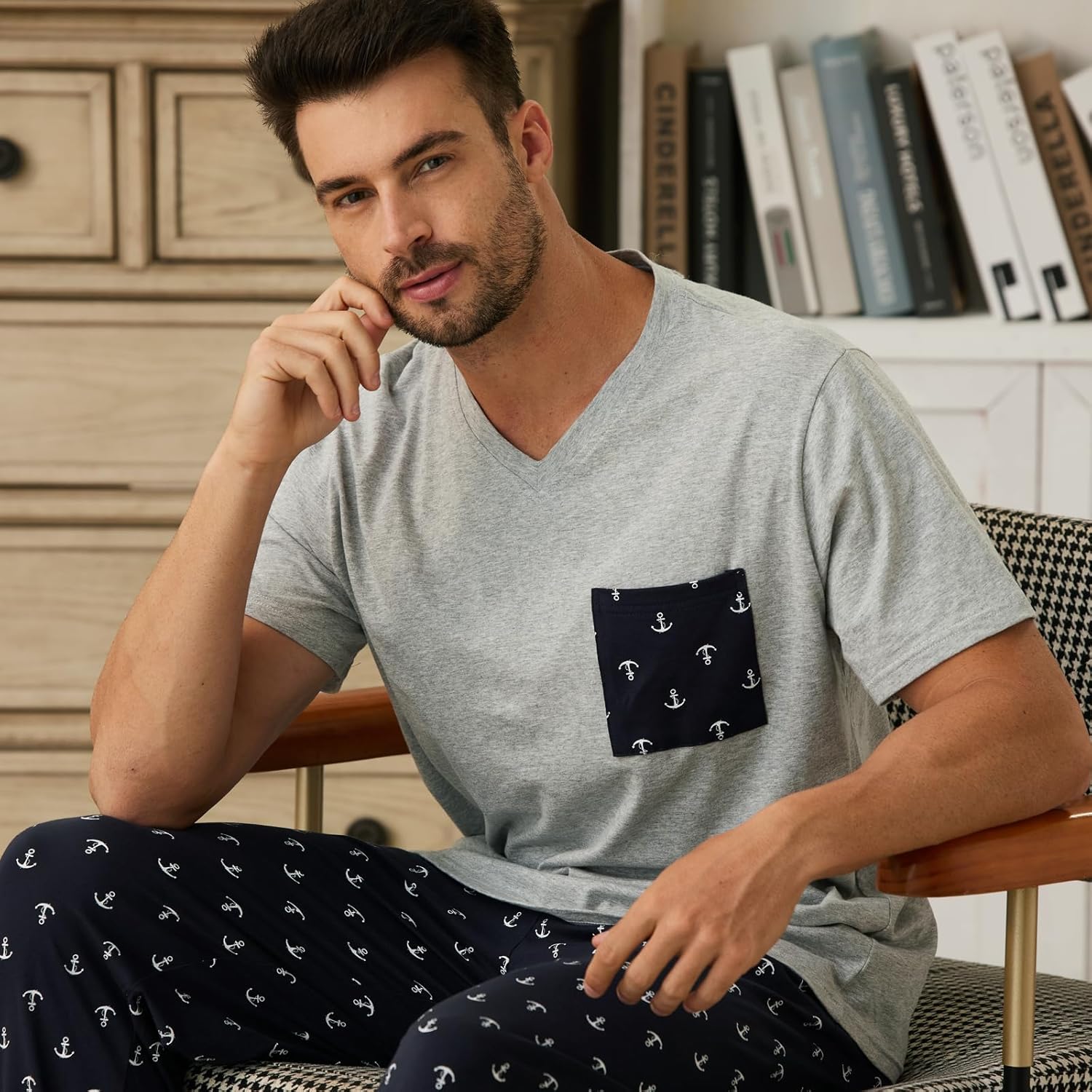 Keyocean Mens Pajama Set, Soft Cotton V-Neck Short-Sleeve T-Shirt & Pants Summer PJ Set for Sleeping - Image 3