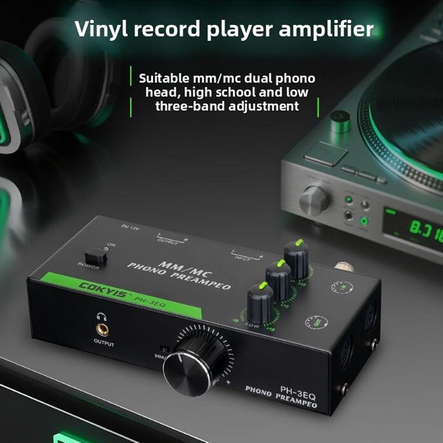 Tangxi Phono Preamp for Turntable, Mini Audio Preamplifier with 3.5mm Headphone Output, 5 Pin XLR Input/Output, 3 Band Equalization, Low Noise, for MM MC Record Player (US Plug)