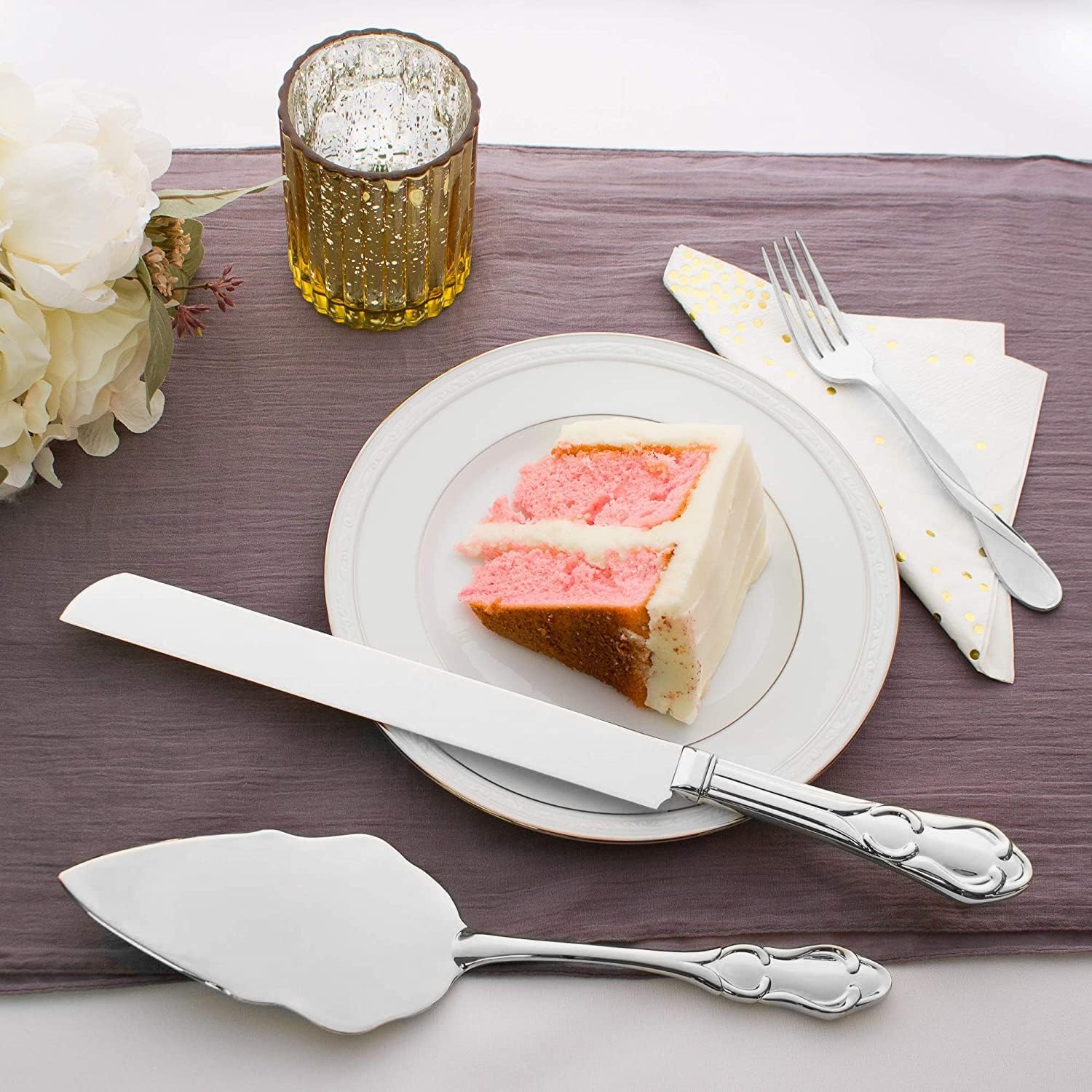 Ella Celebration Cake Knife & Server Set, Silver Wedding Cake Cutting Set, Anniversary Cake Cutter, Vintage Party Supplies (Silver Engravable)