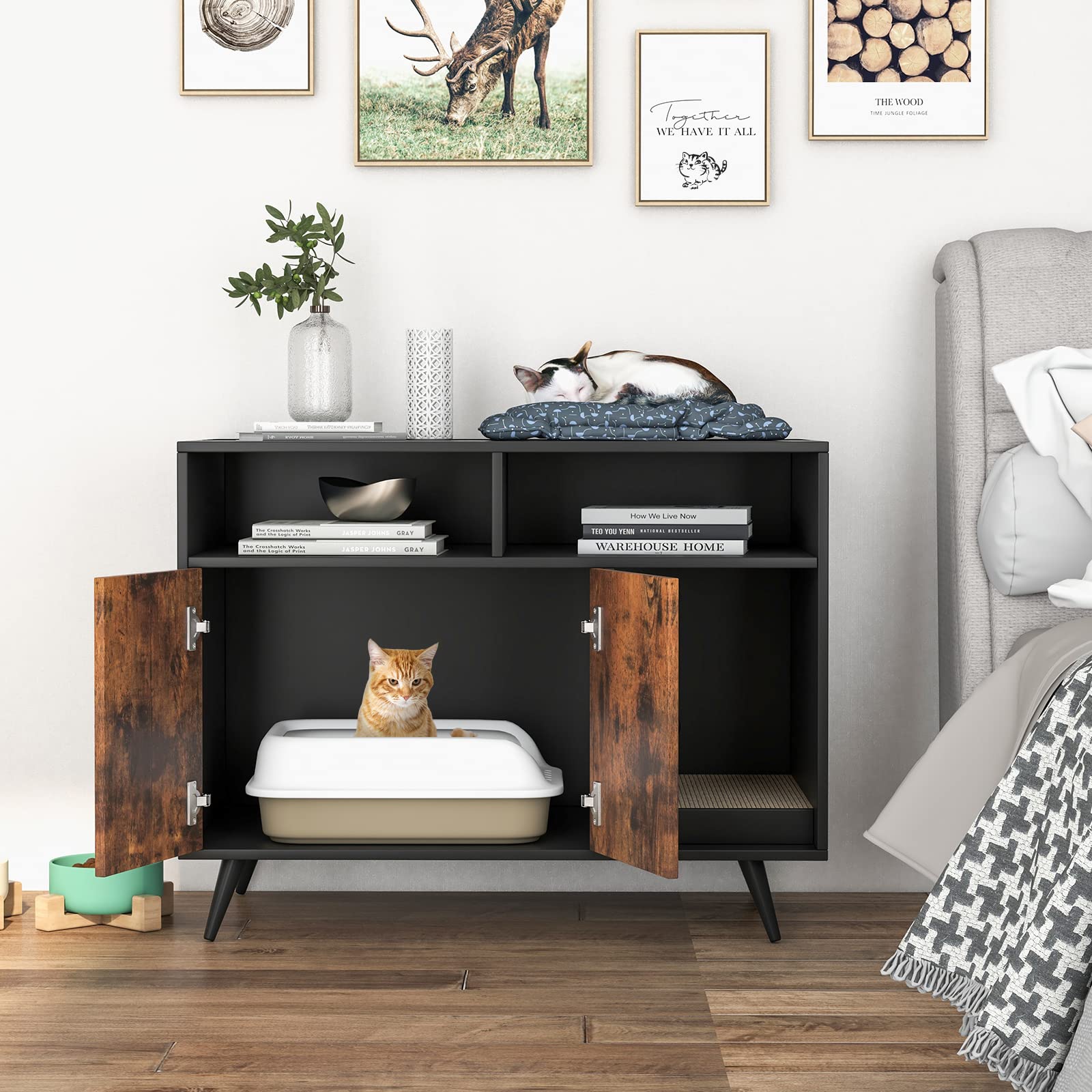 GOPLUS Caja de Arena para Gatos, Mueble Arenero Escondido con Doble Puerta, Compartimentos y Tablero Rasca, Casa de Mascotas de Interior, Lavabo Oculto para Gatos, Estilo Industrial, 90 x 50 x 70 cm