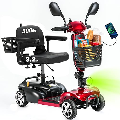 4 Wheel Mobility Scooter for Seniors, All Terrain Folding Electric Wheelchair, Heavy Duty Mobile for Travel, 300 lb,15 Mile Removable Battery, Front & Rear Baskets, Mirrors, USB Port