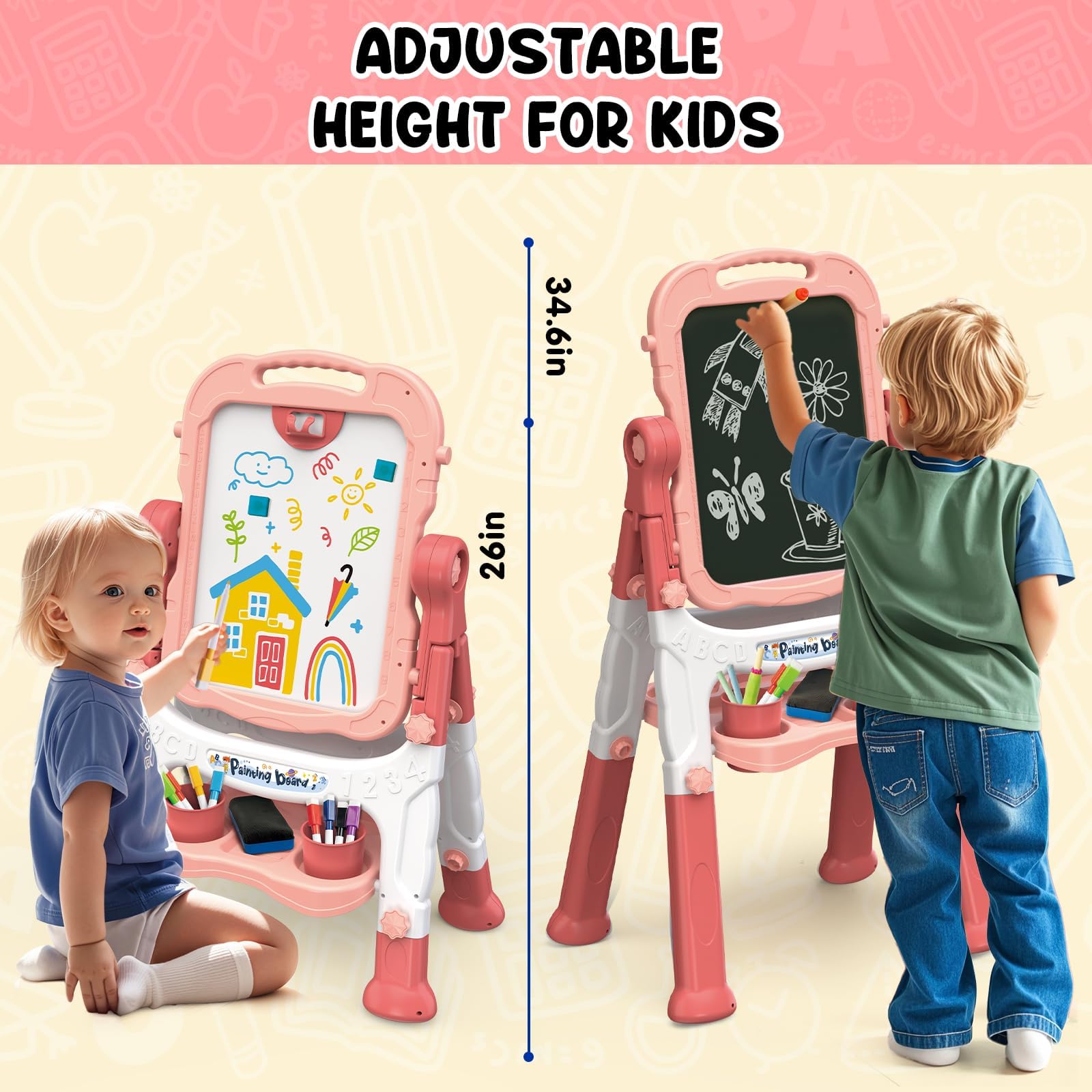 Caballete para niños, caballete para niños, pizarra de tiza de doble cara para niños, pizarra blanca, caballete de arte para niños, caballete de arte de 4 a 8 años, regalo de Navidad, rosa y 2