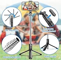 Vista 7 de Selfie stick extensible para selfie con control remoto inalámbrico y soporte para trípode, portátil, ligero, compatible con iPhone 1313 Pro1212