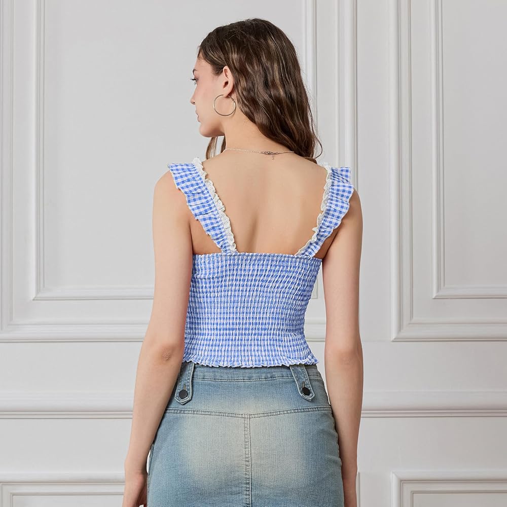 Y2k Plaid Cami Tank Tops for Women Spaghetti Strap Lace Trim
