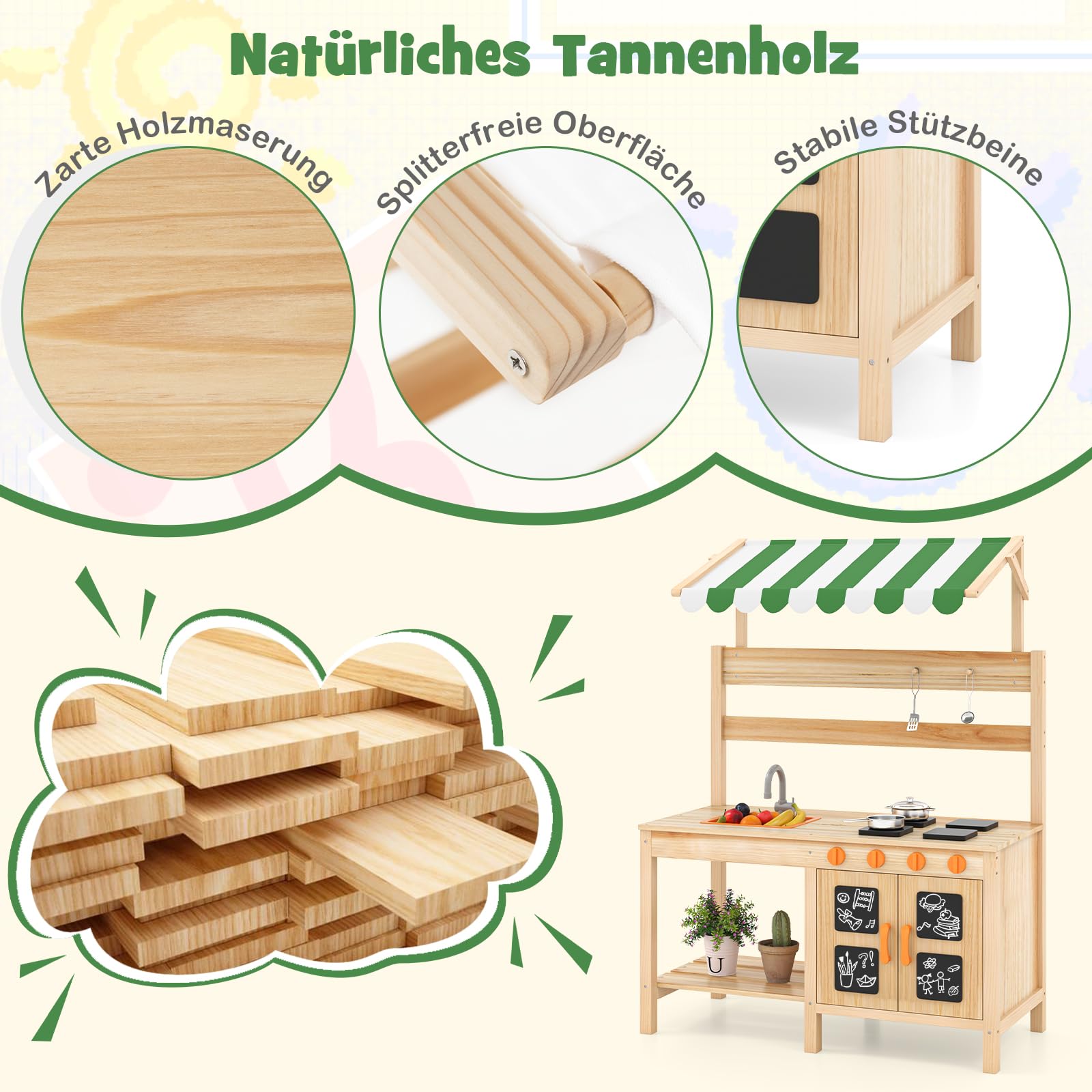DREAMADE Matschküche Kinder Outdoor, Outdoorküche mit 4 Herd & Waschbecken & Tafel, Gartenküche, Outdoor Küche Kinderküche aus Tannenholz mit Zubehör für Kinder ab 3 Jahren