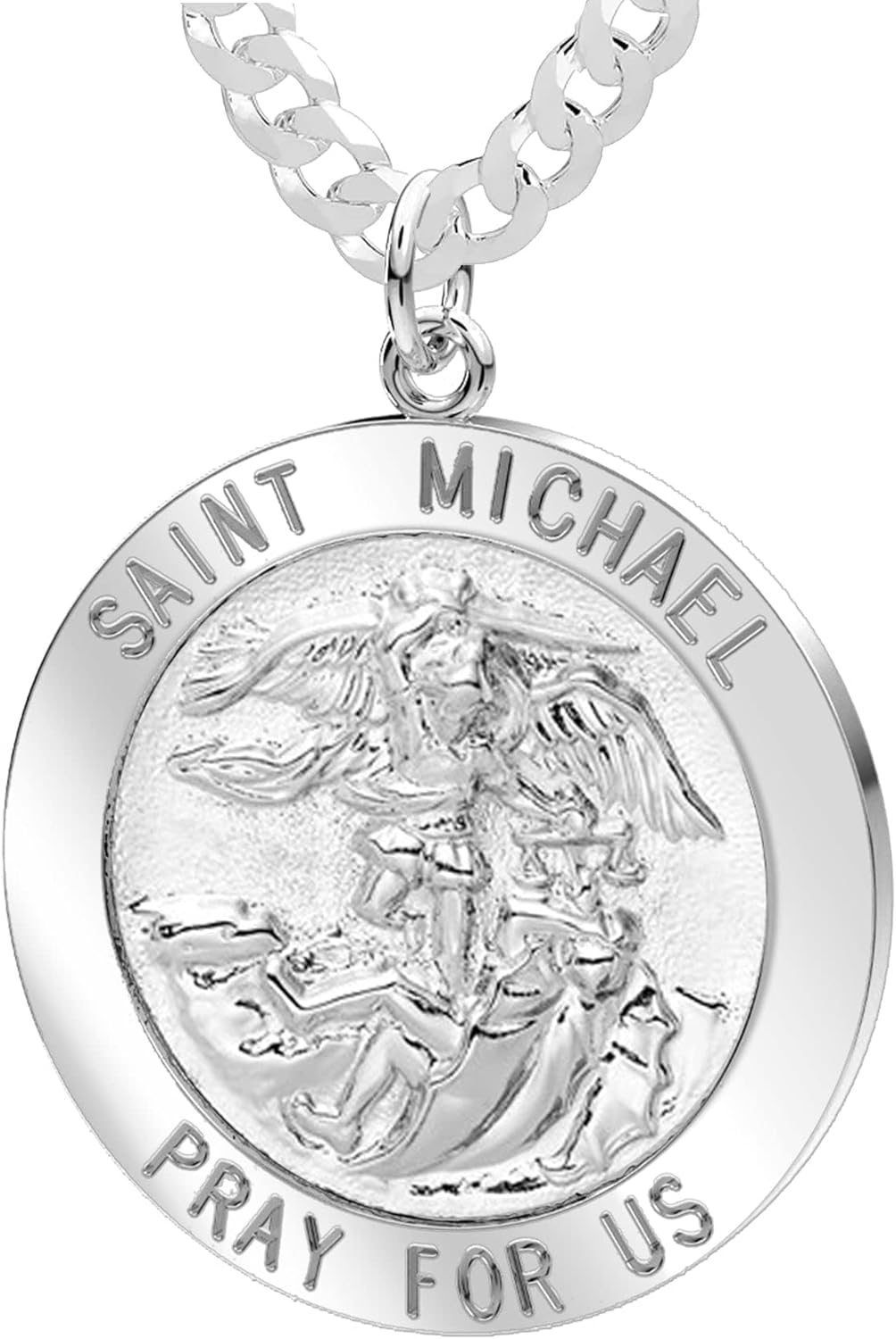 US Jewels Men's 1in 925 Sterling Silver Saint Michael Round High Polished Pendant Necklace, 18in to 24in