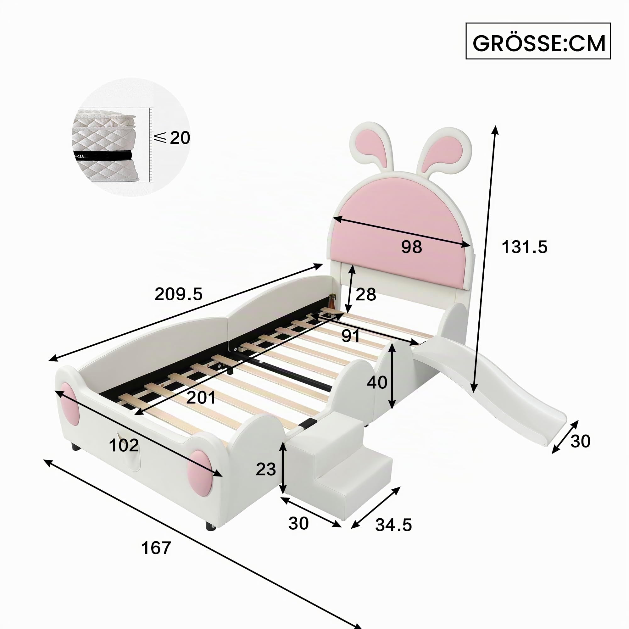 Dolamaní Mädchen Kinder Bett 90x200 cm Mit Kleiner Treppe und Kinderrutsche, Polsterbett PU Kopfteil mit Hasenohren, Einzelbett (Weiß+Rosa)