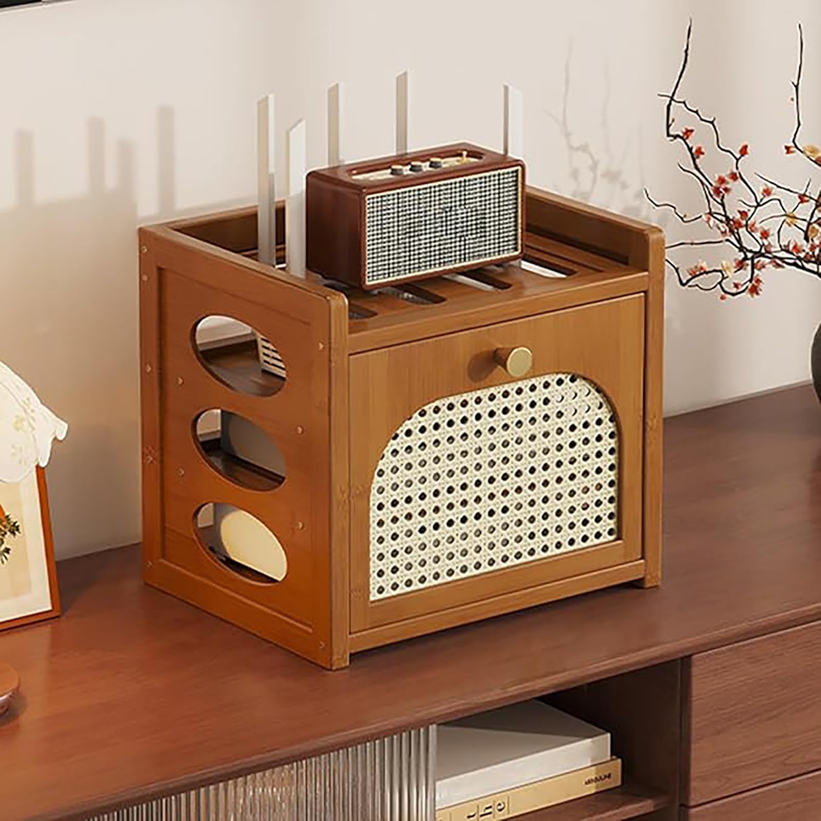Caja de almacenamiento para enrutador WiFi con fácil montaje y puertas frontales