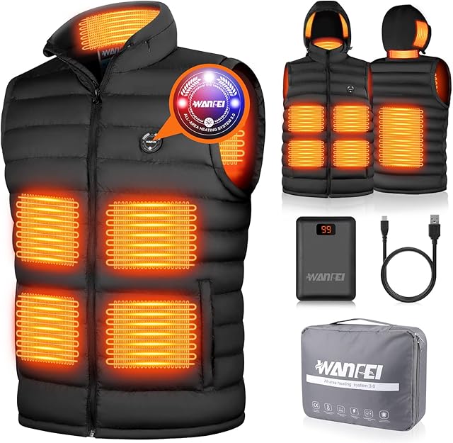 WANFEI Heated Vest Heating Jacket - 7.4V14400mAH Battery Heated Body Warmer for Men 3 Heating Setting 9.5H Warmth USB Charging Washable Heating Gilet Electric Heated Waistcoat for Outdoors