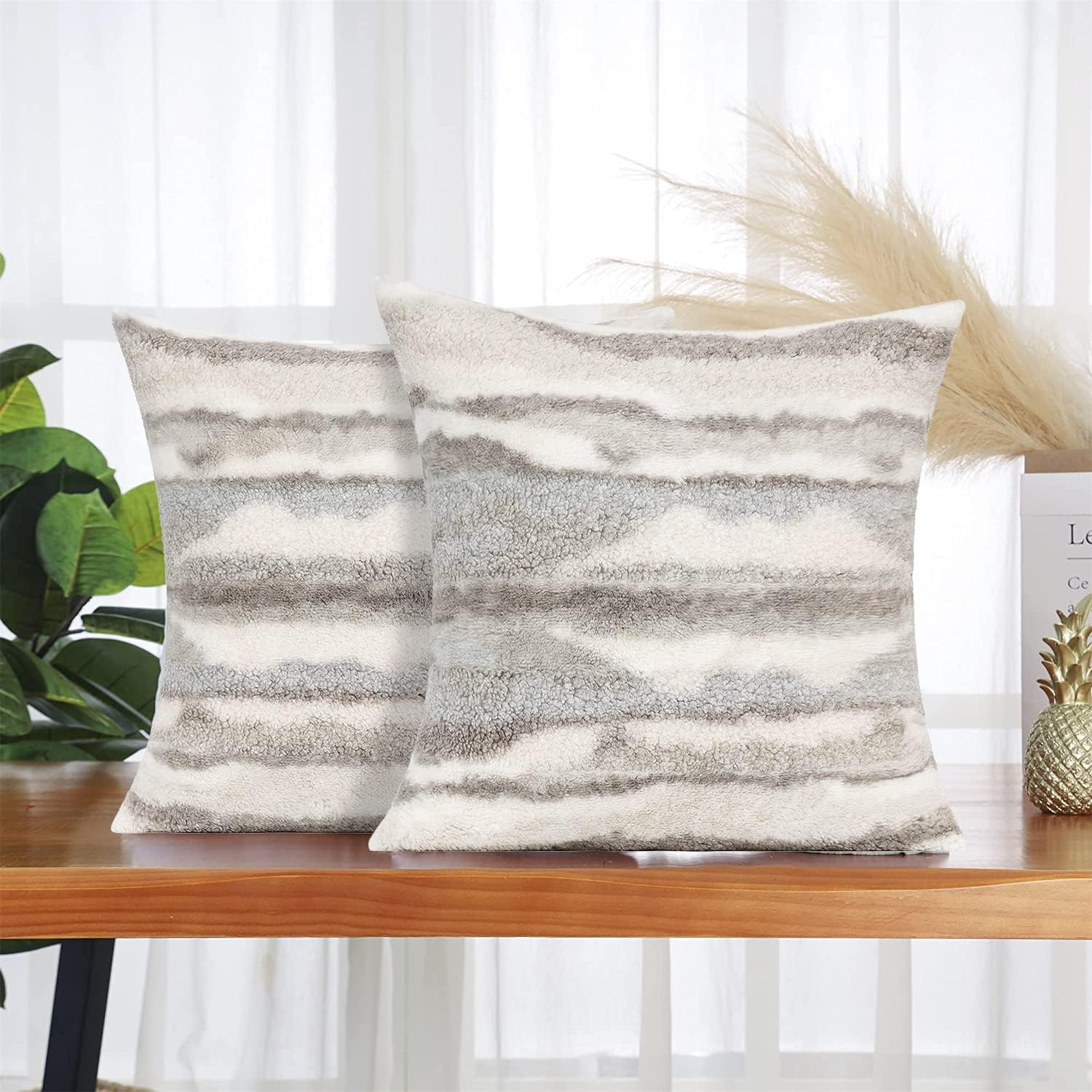 Grey Faux Fur Pillow Covers 18x18 Set of 2 Boho Couch Pillow Covers Plush Fuzzy Bed Pillows Decorative Soft Square Throw Pillow Case Home Indoor Decor for Bed Sofa, Gray Beige White