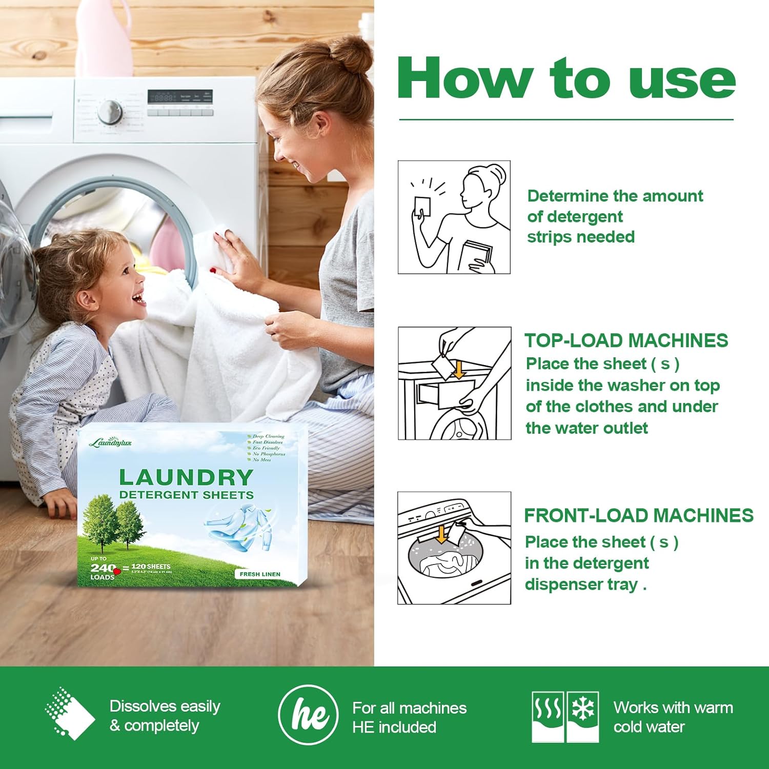 Laundry Deternt Sheet, Eco-Friendly & Hypoallernic Wash Strips,