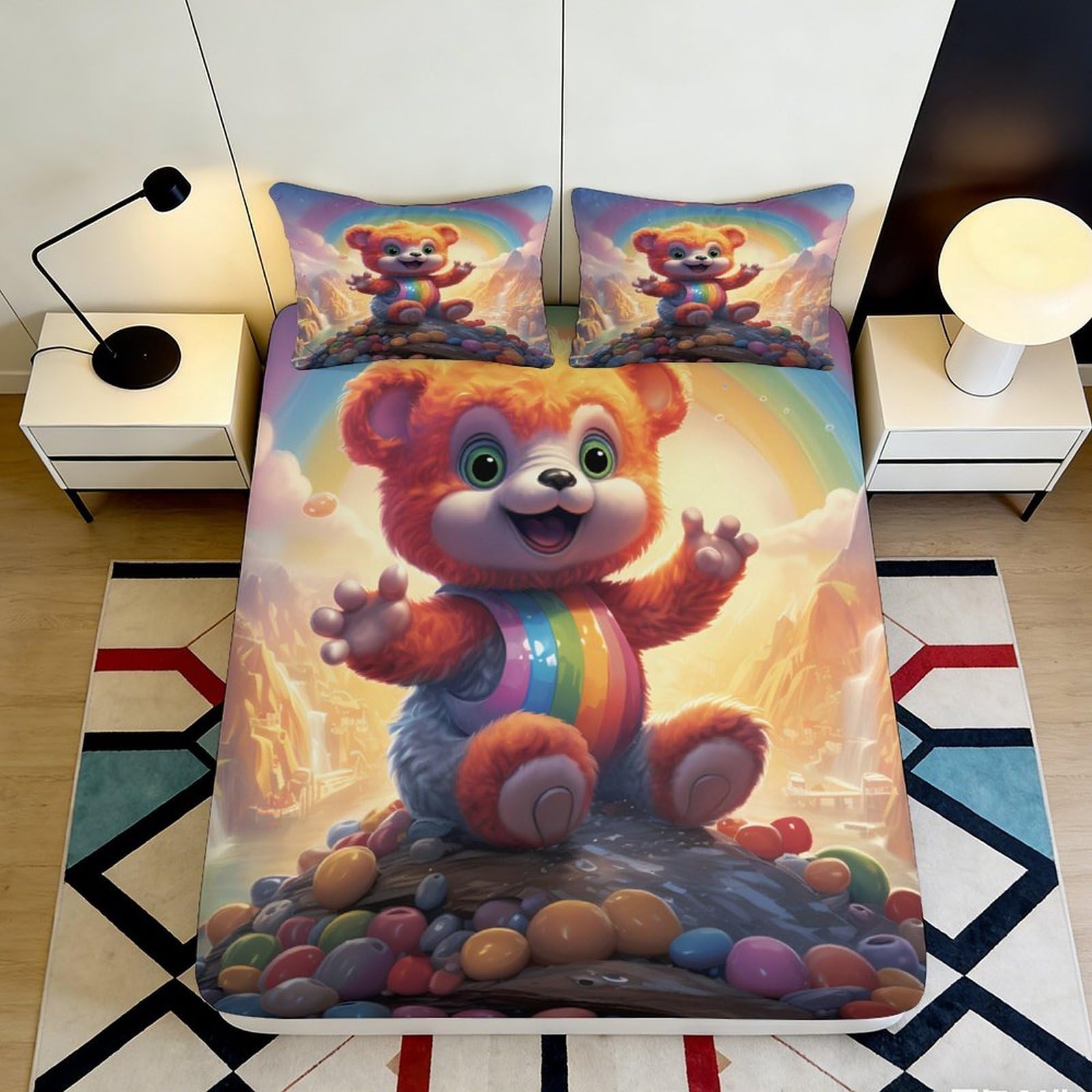 3D Printed Rainbow Bear Fitted Sheet Microfiber Deep Pocket Non-Slip Home Bedding Rainbow Mattress Fitted Cover 160x200x25cm