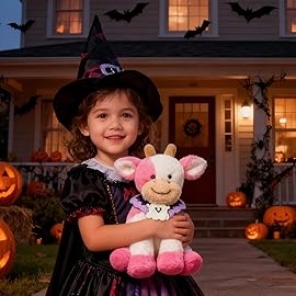 Hopearl Adorable Halloween Plush Cow Toy with Knitted Cute Ghost Bib Floppy Dairy Cattle Soft Stuffed Animal Gifts for Boys Girls Kids Toddlers, Pink, 9\'\'