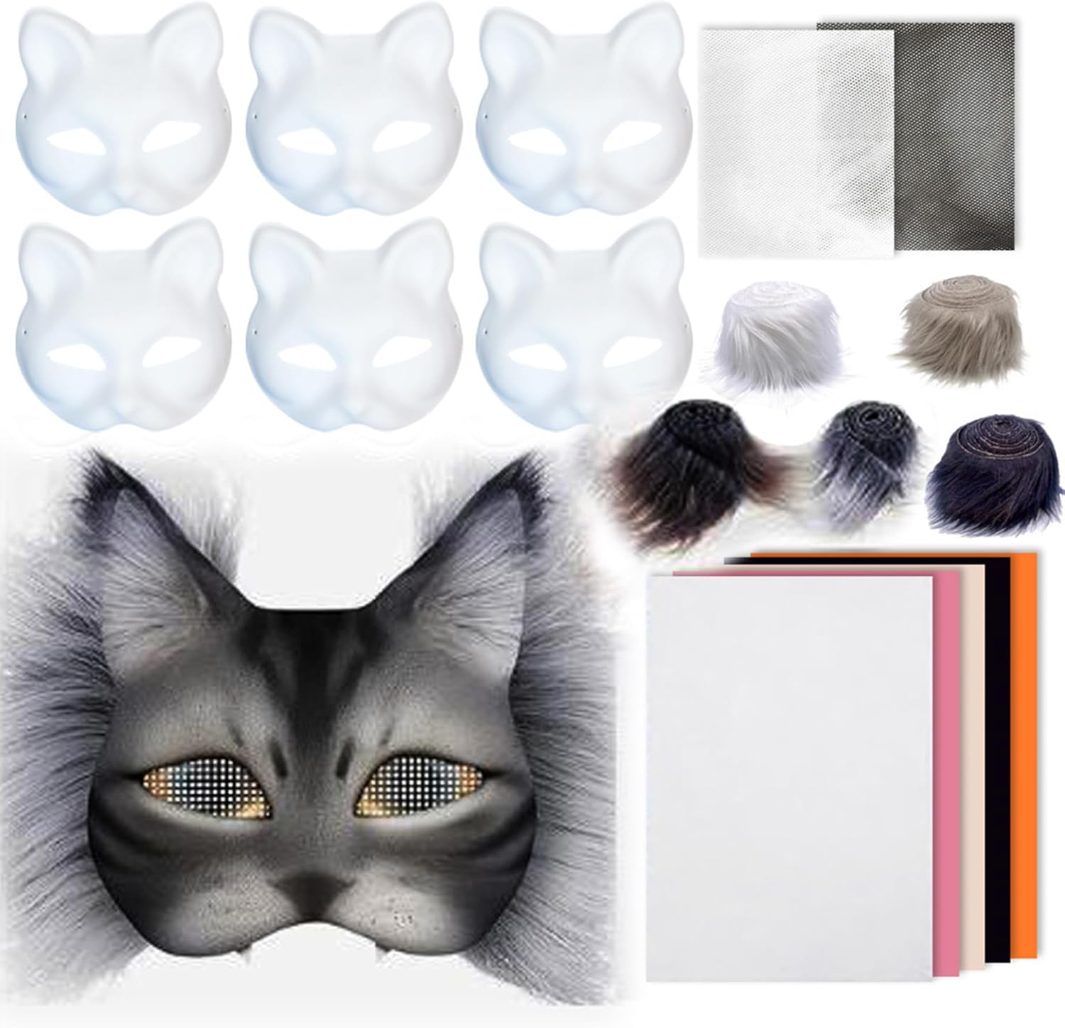DIY Therian Mask Kit, Blank Cat Mask with Masks, Hair and Mesh, Animal Mask Arts Crafts Kit, Costume Masks for Halloween Masquerade Cosplay Party Interaction