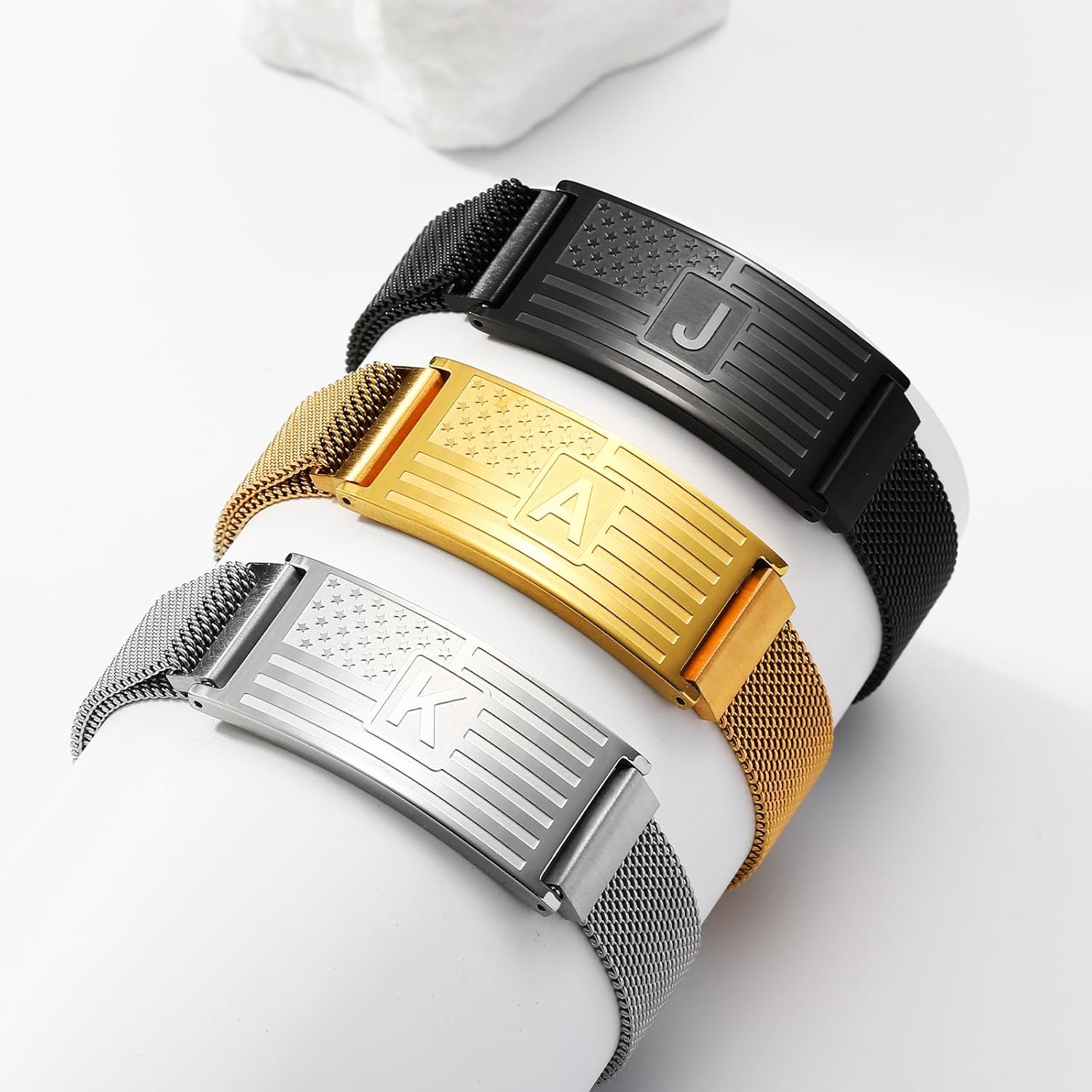 Duodiner Valentines Day Gifts for Him -Initials Bracelets for Men Boys,A-Z Capital Letters American Flag Stainless Steel Bracelet Jewelry Gifts for Men Boys Kids Son Grandson Brother Dad Husband - Image 5