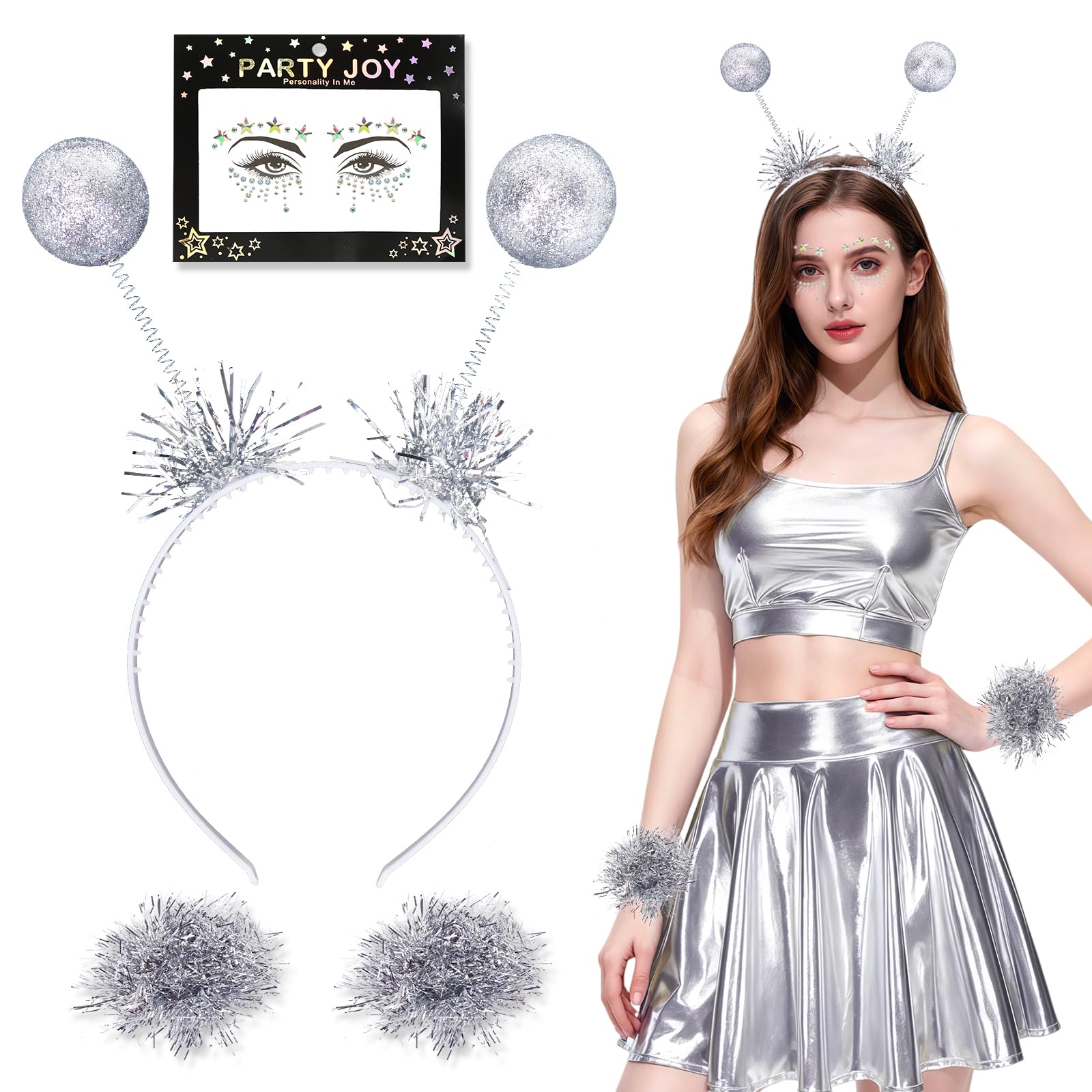 IMEKIS Space Girl Alien kostuum voor dames, glanzend, metallic crop top met minirok, alien, hoofdband, 3 stuks, discoclub, dancewear, Halloween, facshing themafeest, outfit, zilveren rolkraag, M