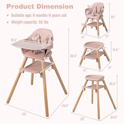 Miniatura 6 de BABY JOY Silla alta para bebé, silla alta convertible 6 en 1 de madera para bebés y niños pequeños con patas ajustables, doble bandeja extraíble,