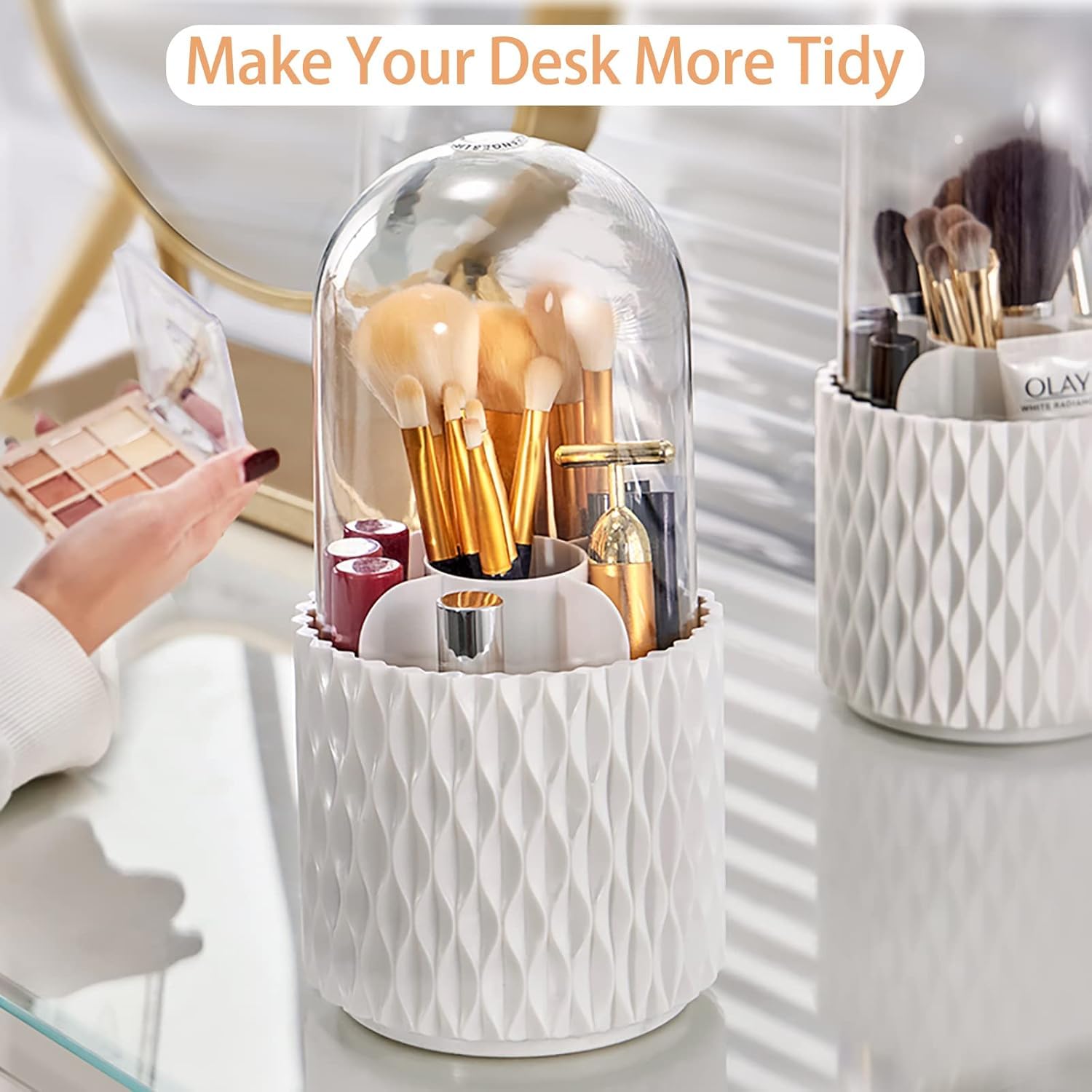 Withosent Porta Pennelli Make Up con Coperchio, 360° Rotante Organizzatore di Cosmetici con 5 Scomparti, Scaffale Organizer Trucchi per Pennelli Trucco, Ombre, Rossetti