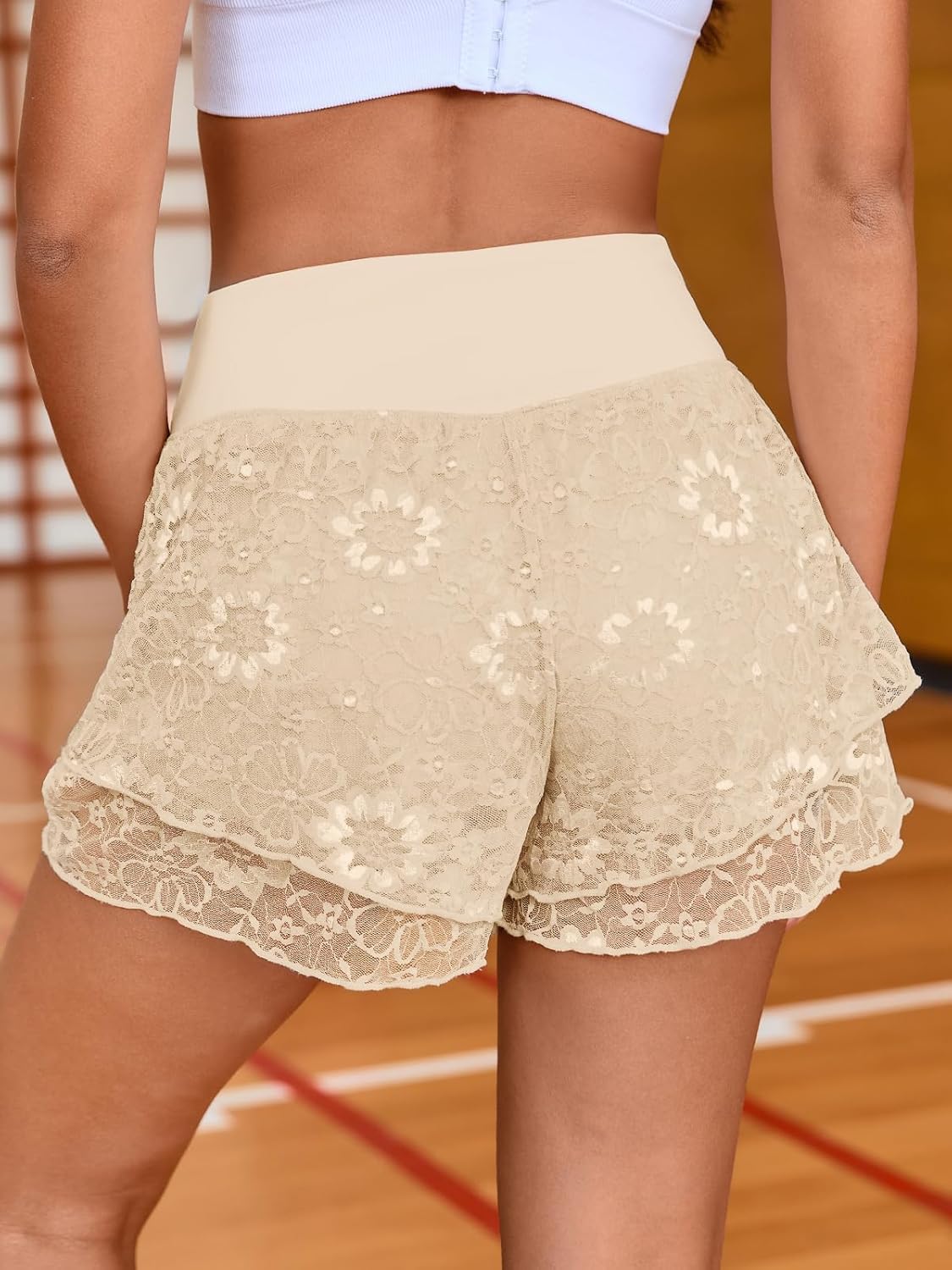 Fisoew Flowy Shorts for Women High Waisted Workout Shorts Lace Athletic Tennis Gym Yoga 2 in 1 Short with Pockets - Image 5