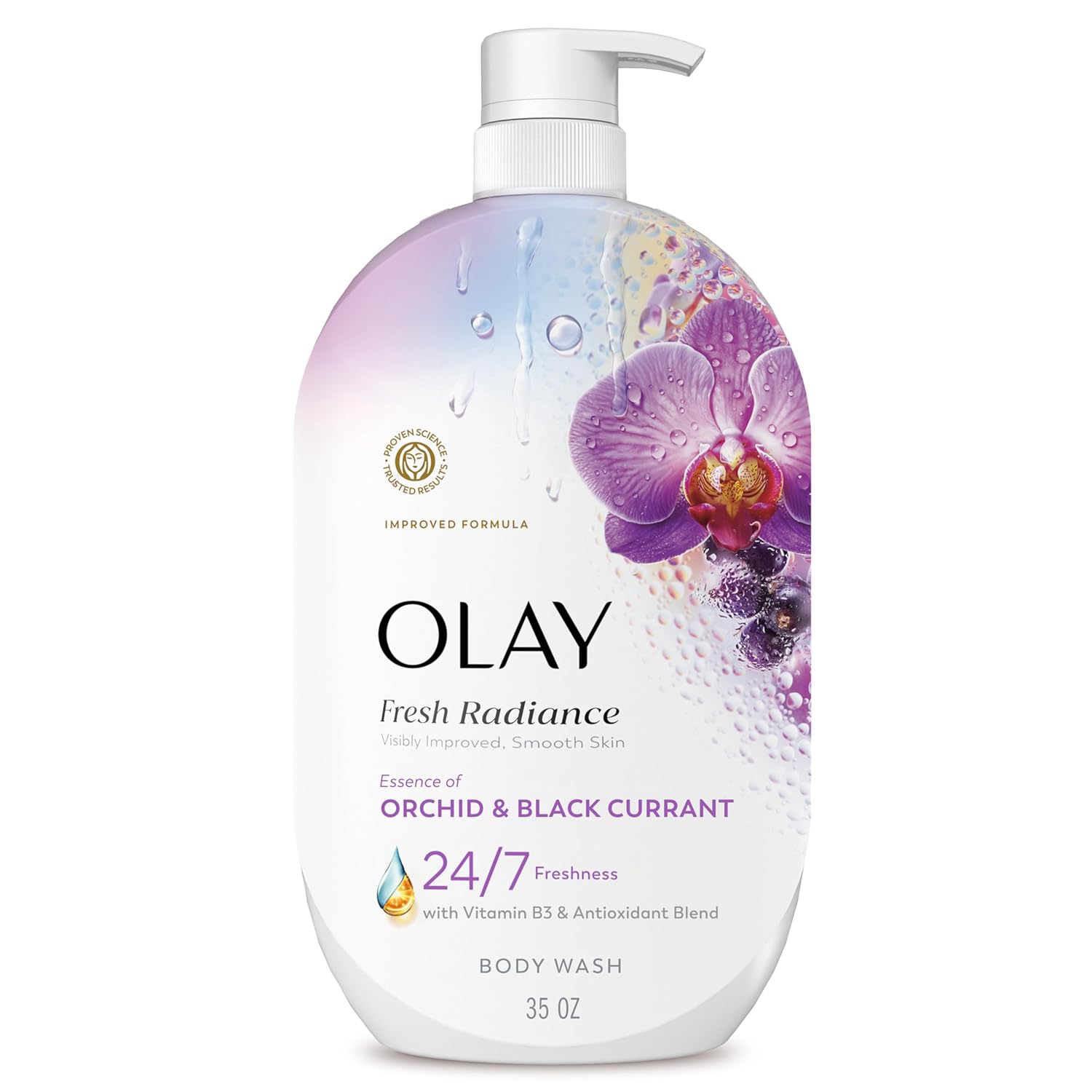 Olay Body Wash for Women, Fresh Radiance, 24/7 Skin-Loving Freshness, Visibly Radiant, Plant Based Cleansers, Vitamin B3 & Antioxidant Blend, For All Skin Types, Orchid & Black Currant Scent, 35 fl oz