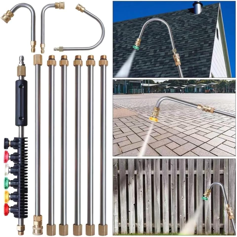 10pcs Pressure Washer Extension Wand Stainless Steel Gutter Cleaning Tool Attachment Curved Rods with 6 Nozzle Tips
