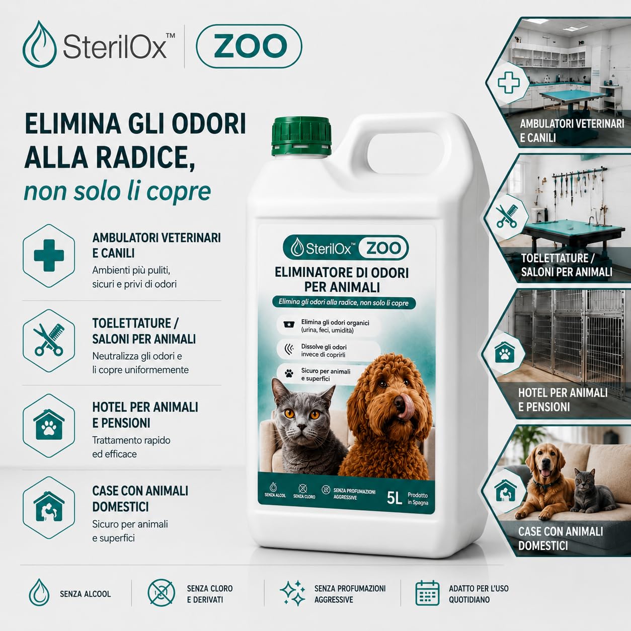 ZOO 1L – Eliminatore odori HOCl per cani, gatti e cucce | Neutralizza gli odori • HOCl • Per cani e gatti • Senza alcool