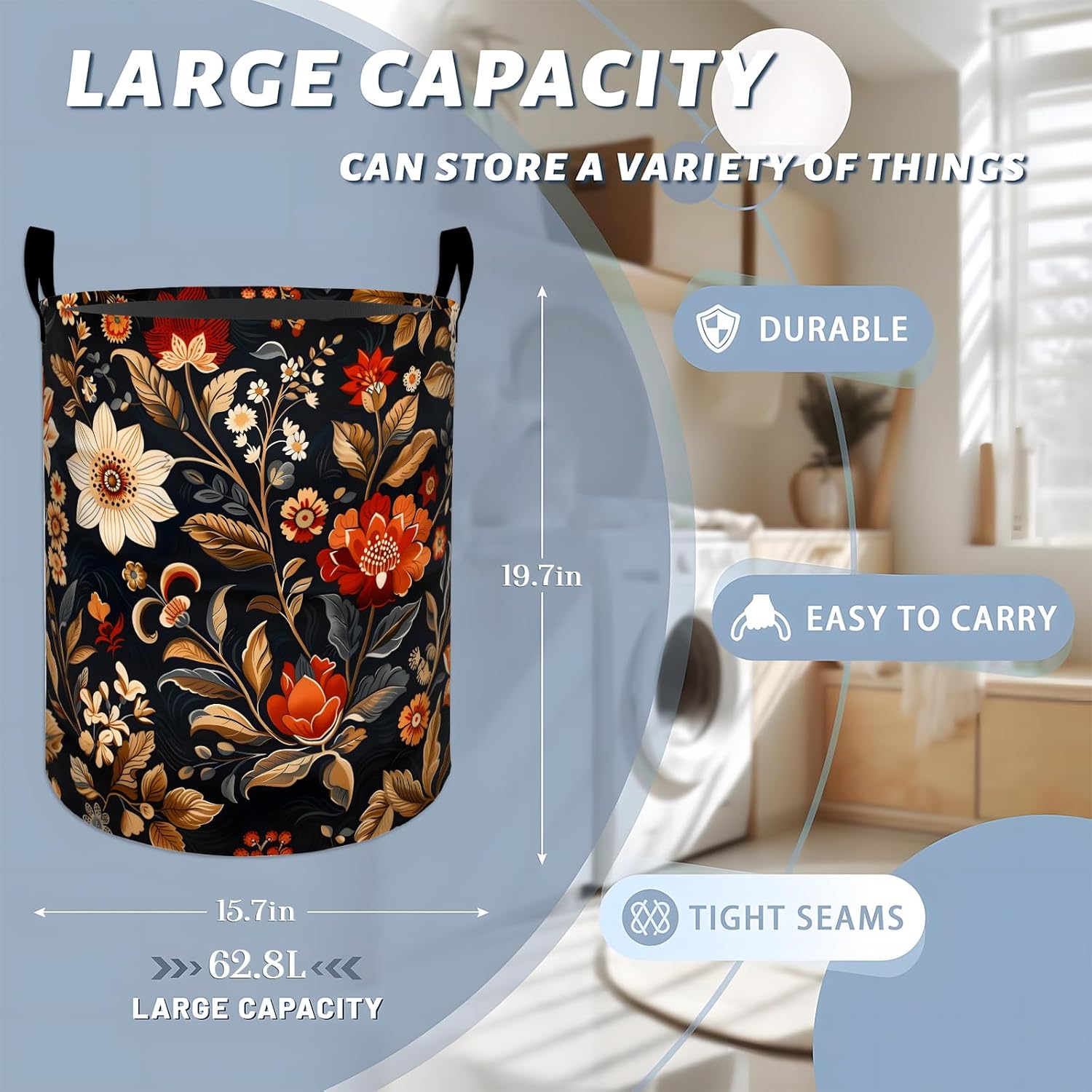 Vintage Dark Floral Laundry Basket with Handles, 19.7"x15.7" Clothes Foldable Elegant Flowers Laundry Hamper Organizer for Dorm Nursery Bedroom Bathroom Decor, Toy Storage Bin for Kids