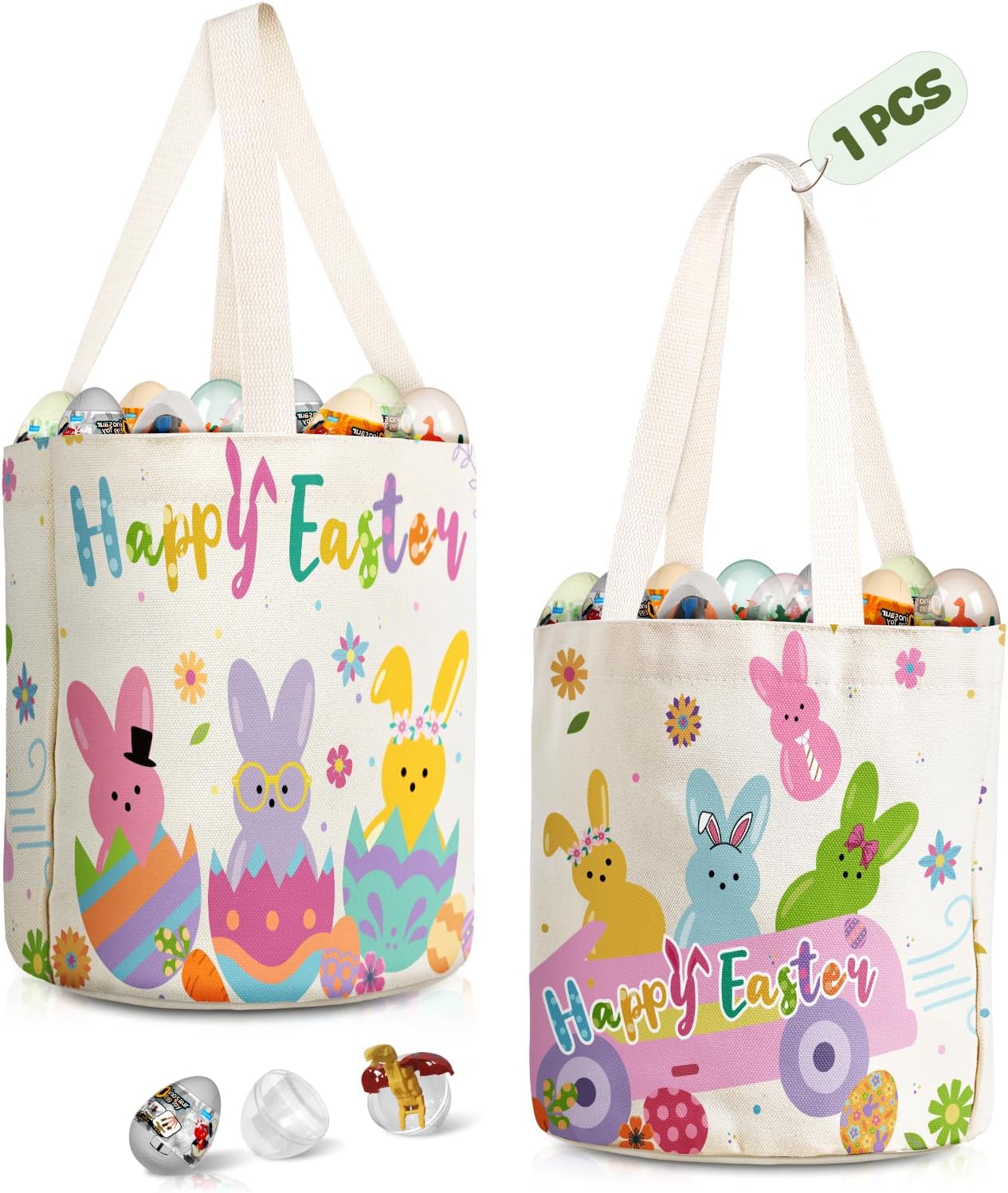 Easter Tote Bags for Kids - Large Easter Canvas Basket with Handles for Egg Hunting Parties, Bunny Design